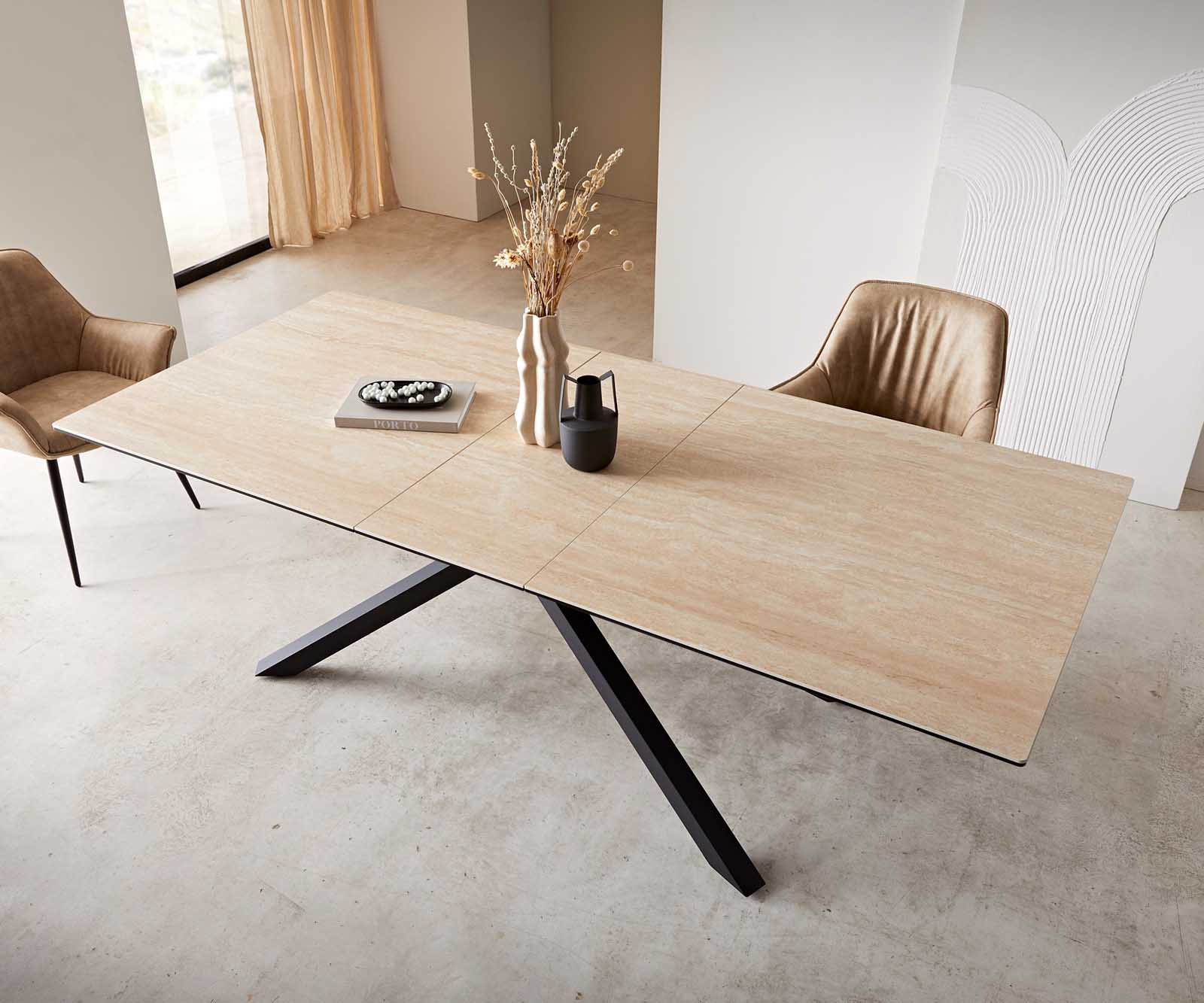 Esstisch Edge 180-220x100 Keramik Travertin Natur Kreuzgestell Rechteck Schwarz ausziehbar 5