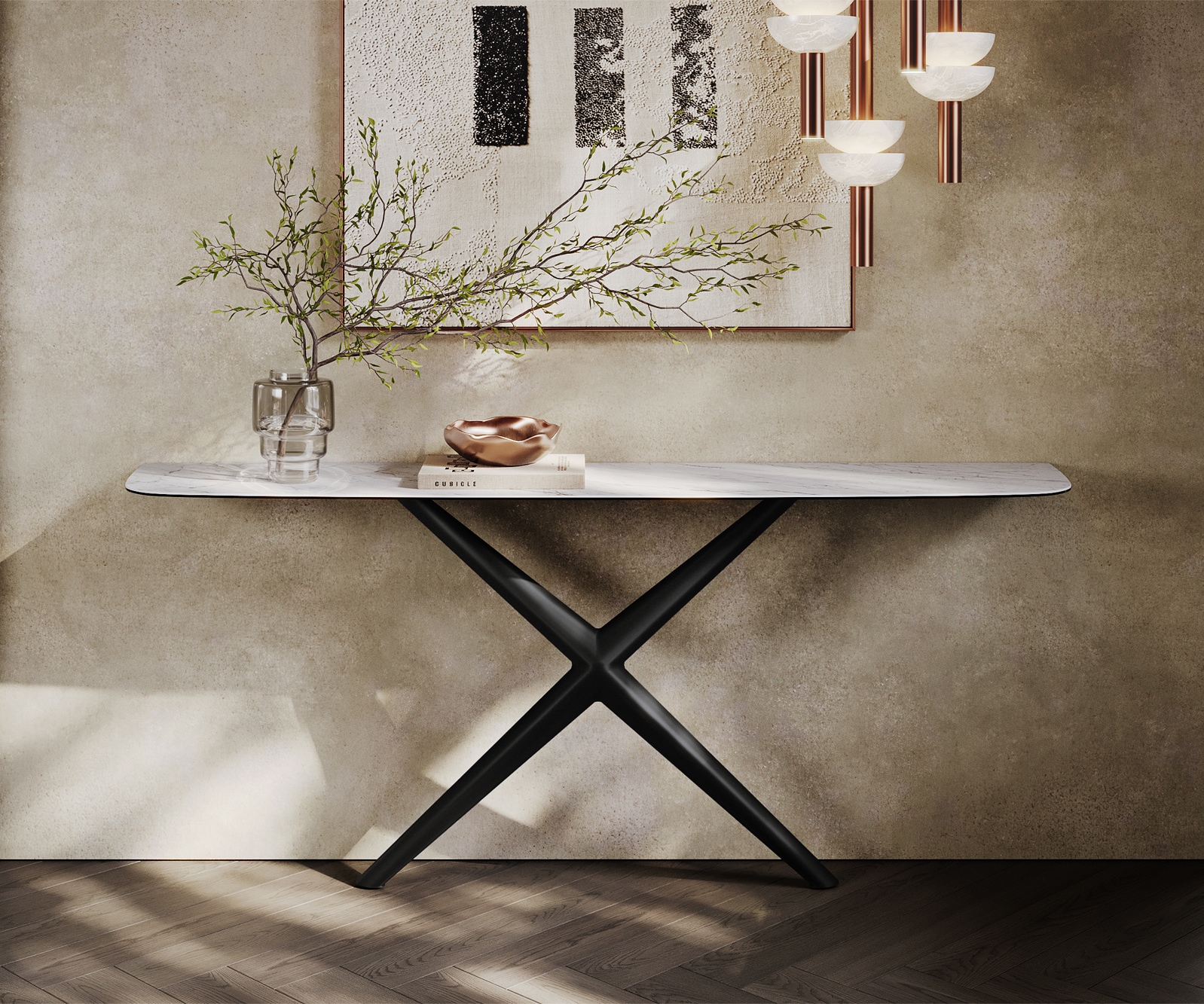 Konsolentisch Edge Boot 180x40 cm Keramik Laminam® Statuarietto Weiß Estelo Metall Schwarz