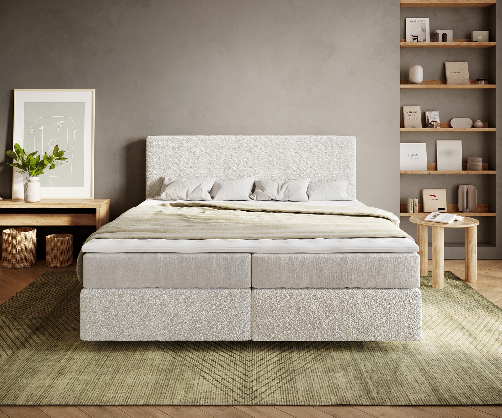 Boxspringbett Dream-Well 180x200 cm Bouclé Creme-Weiß mit Taschenfederkernmatratze und Topper Visco 1 Boxspringbett Dream-Well 180x200 cm Bouclé Creme-Weiß mit Taschenfederkernmatratze und Topper Visco 1