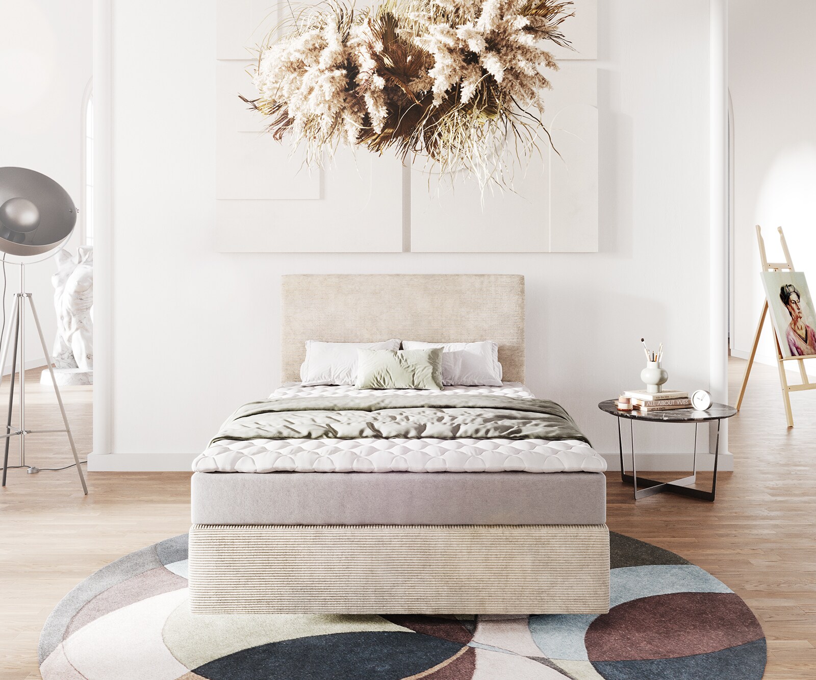 Boxspringbett Dream-Well 120x200 cm Cord Beige mit Matratze und Topper 1
