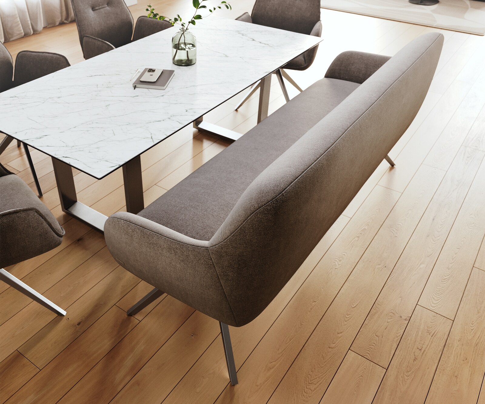 Esszimmerbank Taya-Flex 200 cm Strukturstoff Soft Taupe Kreuzgestell kantig Graphit Taschenfederkern 4