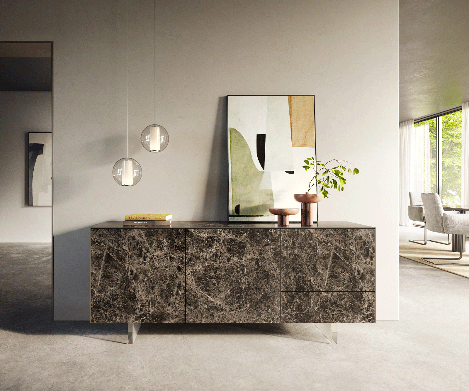 Sideboard Cuor 180 cm Keramik Emperador Extra Lucidato Dunkelbraun 2 Türen 3 Schubfächer Fuß Schwebeoptik Acrylglas 1