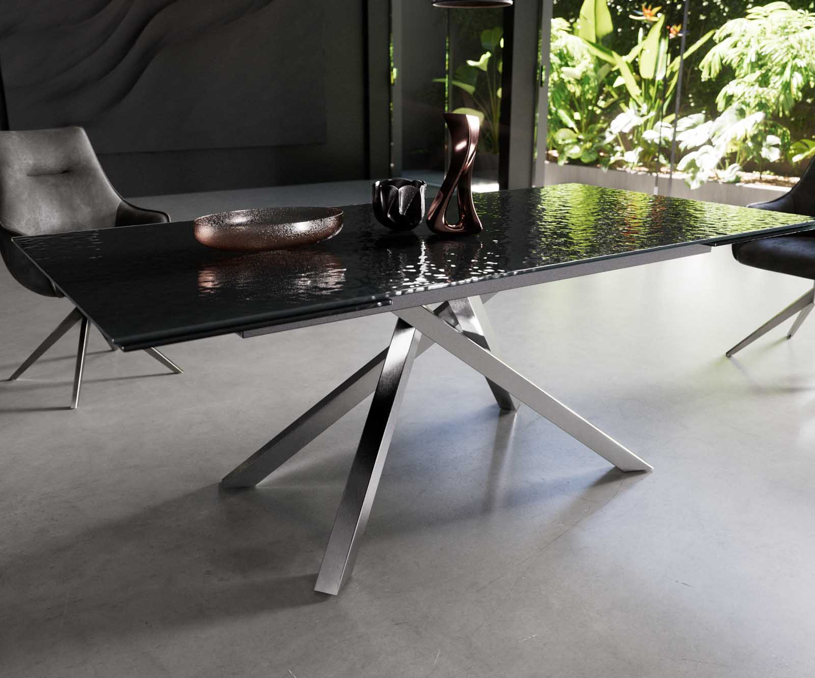 Esstisch Edge 200-300x100 Reliefglas Rauchschwarz 3D-Design Kreuzgestell Rechteck Edelstahl ausziehbar 5