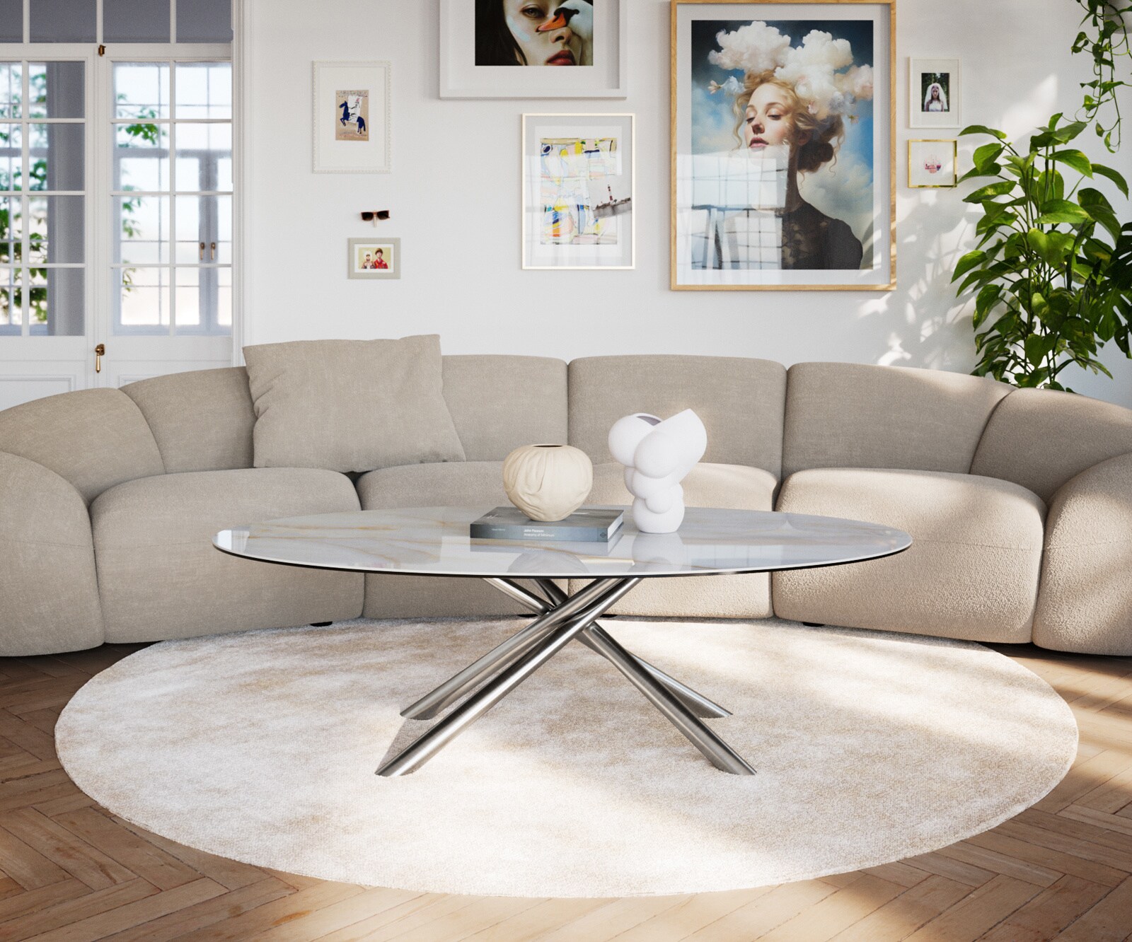 Couchtisch Edge Oval 140x80 cm Keramik Onyx Pearl Sarity Edelstahl gebürstet 2