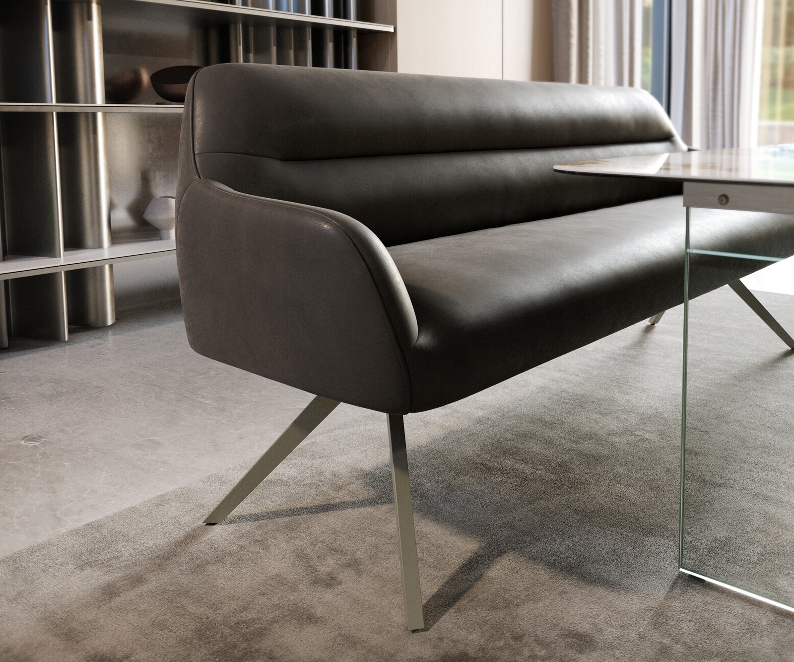 Esszimmerbank Taya-Flex 200 cm Mikrofaser Anthrazit Vintage Kreuzgestell kantig Effektfinish Titan Taschenfederkern 4