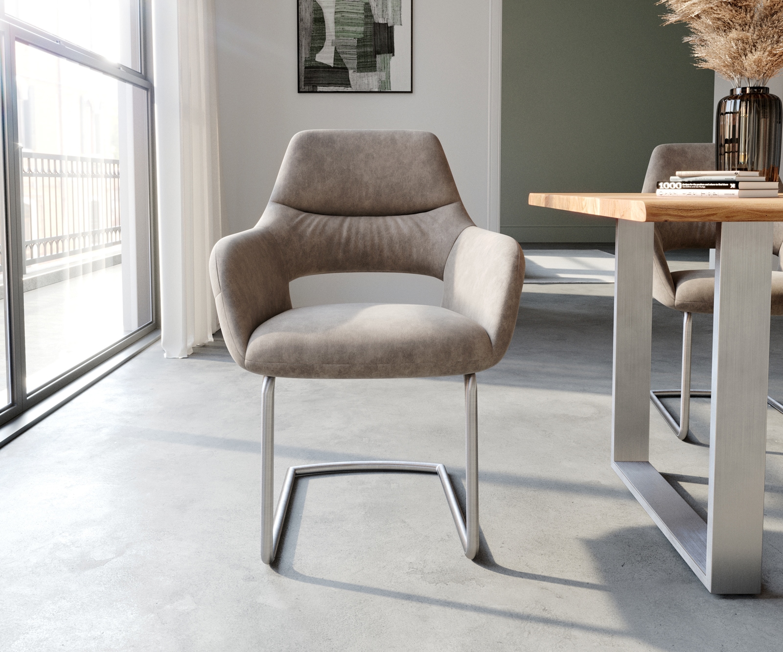 Freischwinger Yago-Flex mit Armlehnen Mikrofaser Taupe Vintage Freischwinger rund Edelstahl Taschenfederkern 2