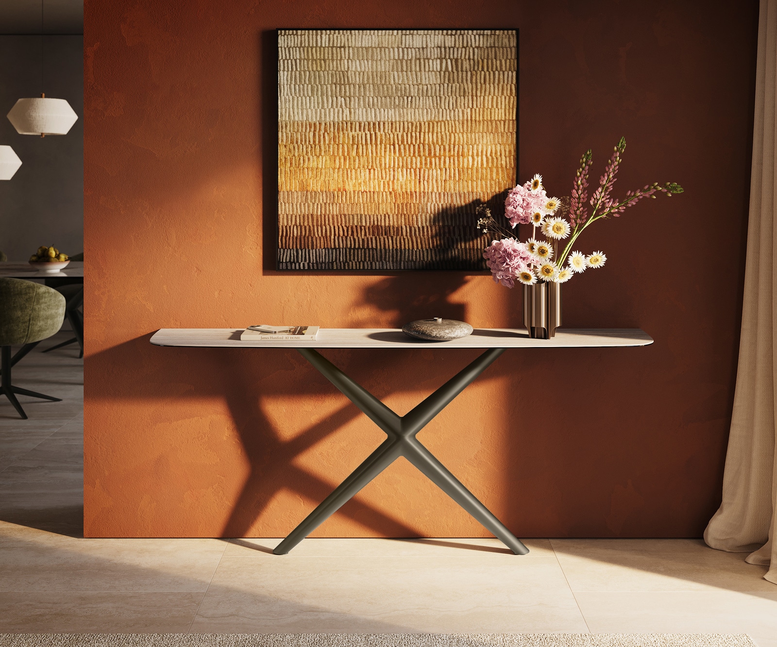 Konsolentisch Edge Boot 180x40 cm Keramik Laminam® Travertino Bianco Creme-Weiß Estelo Metall Effektfinish Titan