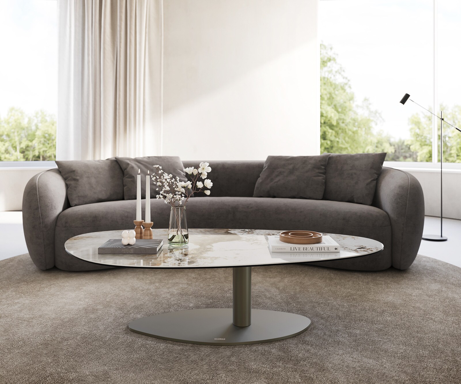 Couchtisch Edge Oval 140x75 cm Keramik Minas Melange Vibany Metall Effektfinish Titan 2