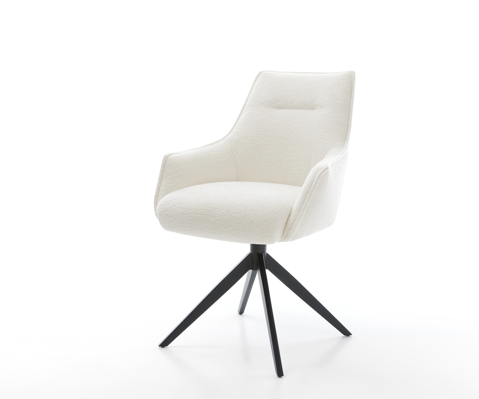 Drehstuhl Alja-Flex mit Armlehnen Bouclé Soft Beige Kreuzgestell breit Schwarz 360° drehbar Wippfunktion Taschenfederkern