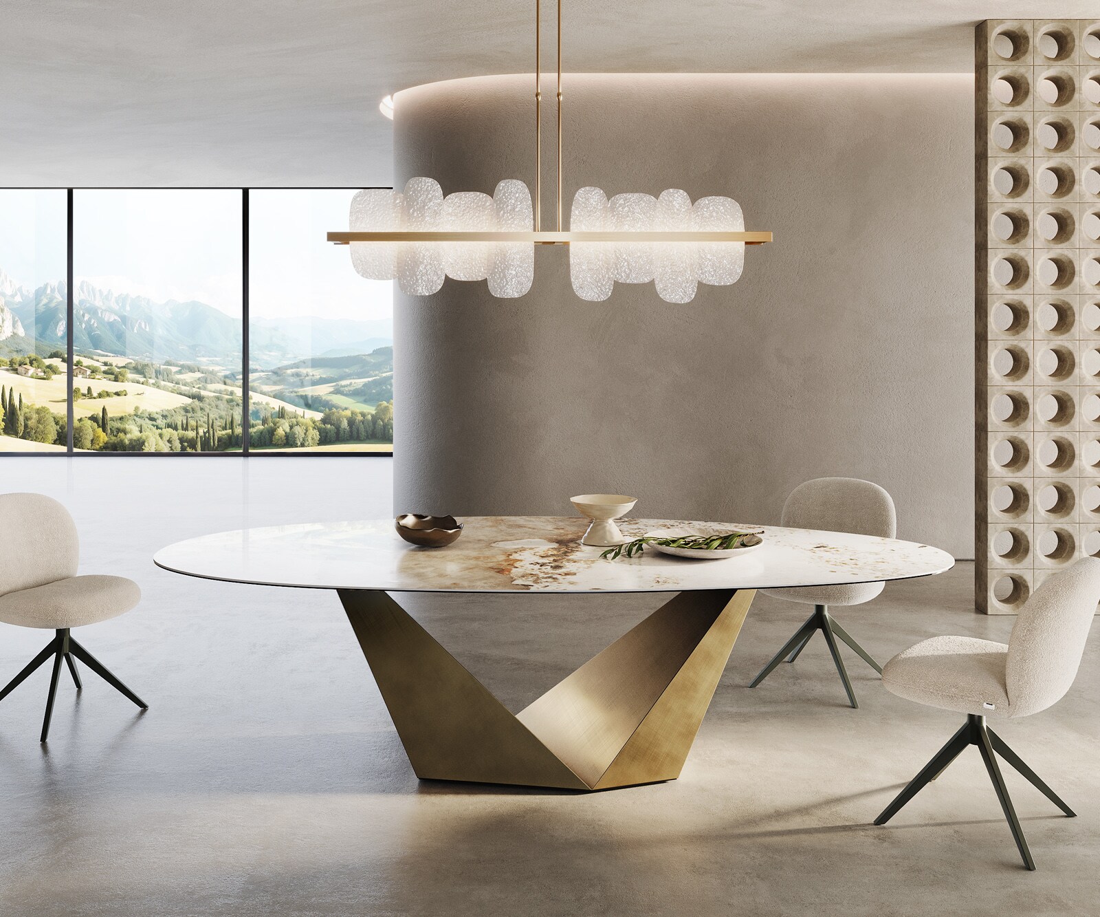 Esstisch Edge Oval 280x130 Keramik Minas Melange Weiß-Beige Prisma Metallic Gold 1