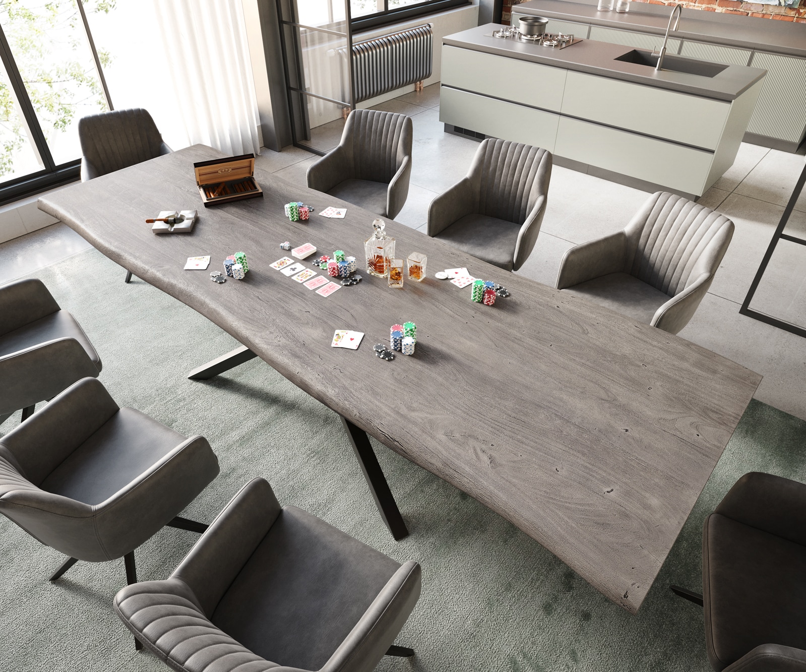 Esstisch Edge 300x100 XL Akazie Platin Kreuzgestell Rechteck Schwarz Live-Edge 2