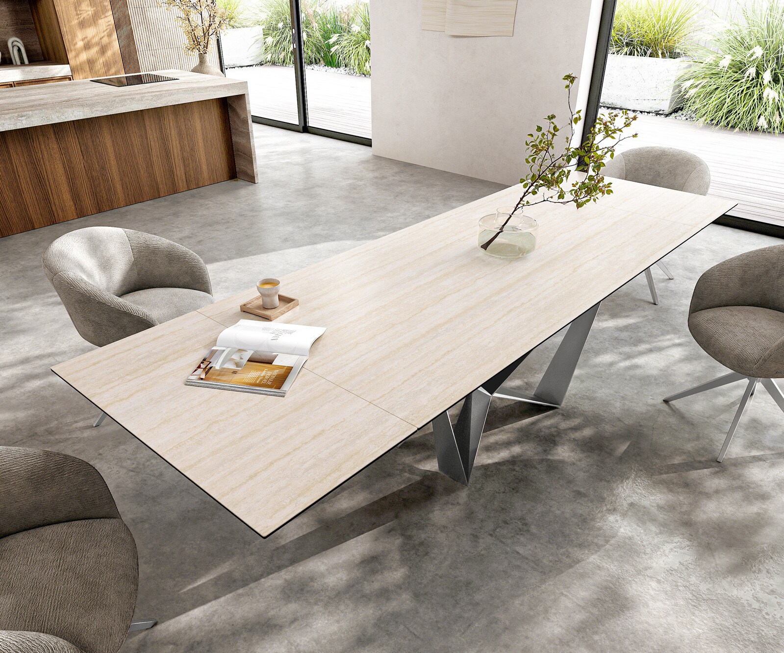 Esstisch Edge 200-300x100 Keramik Laminam® Travertino Bianco Creme-Weiß Spider Flachstahl Edelstahl ausziehbar 3
