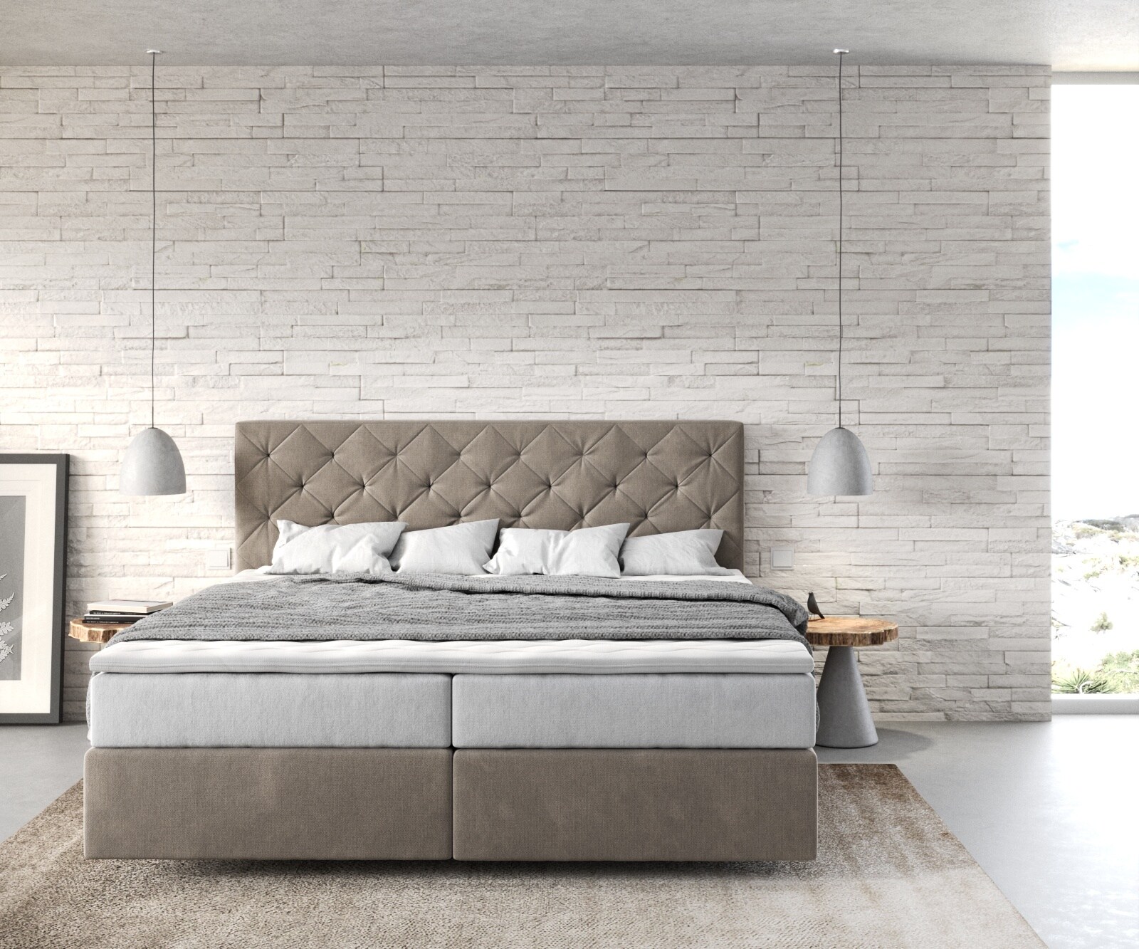 Boxspringbett Dream-Great 180x200 cm Mikrofaser Beige mit TFK Matratze und Visco Topper 1