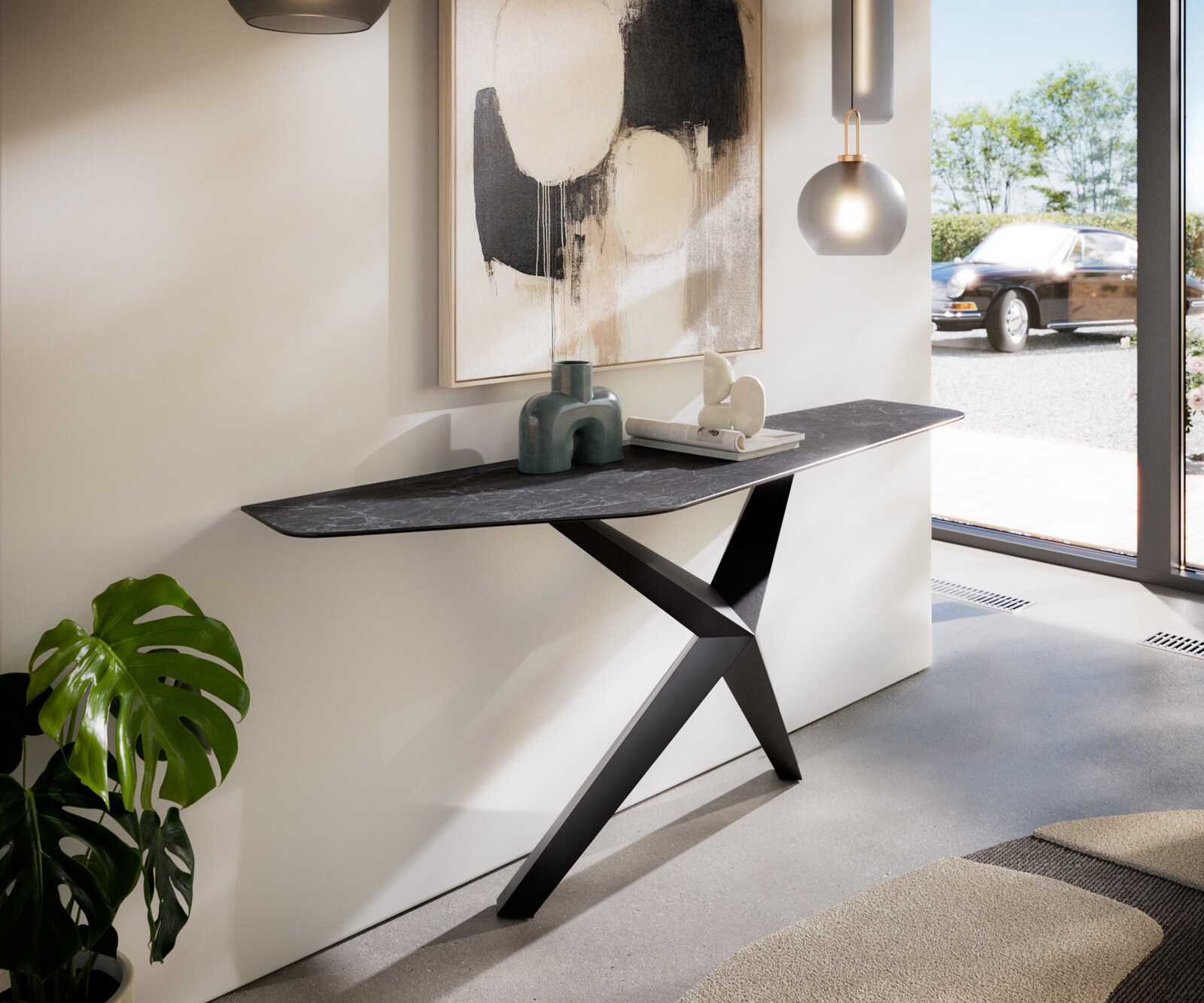 Konsolentisch Edge Polygonal 180x50 cm Keramik Laminam® Nero Greco Anthrazit Zentharo Metall Schwarz
