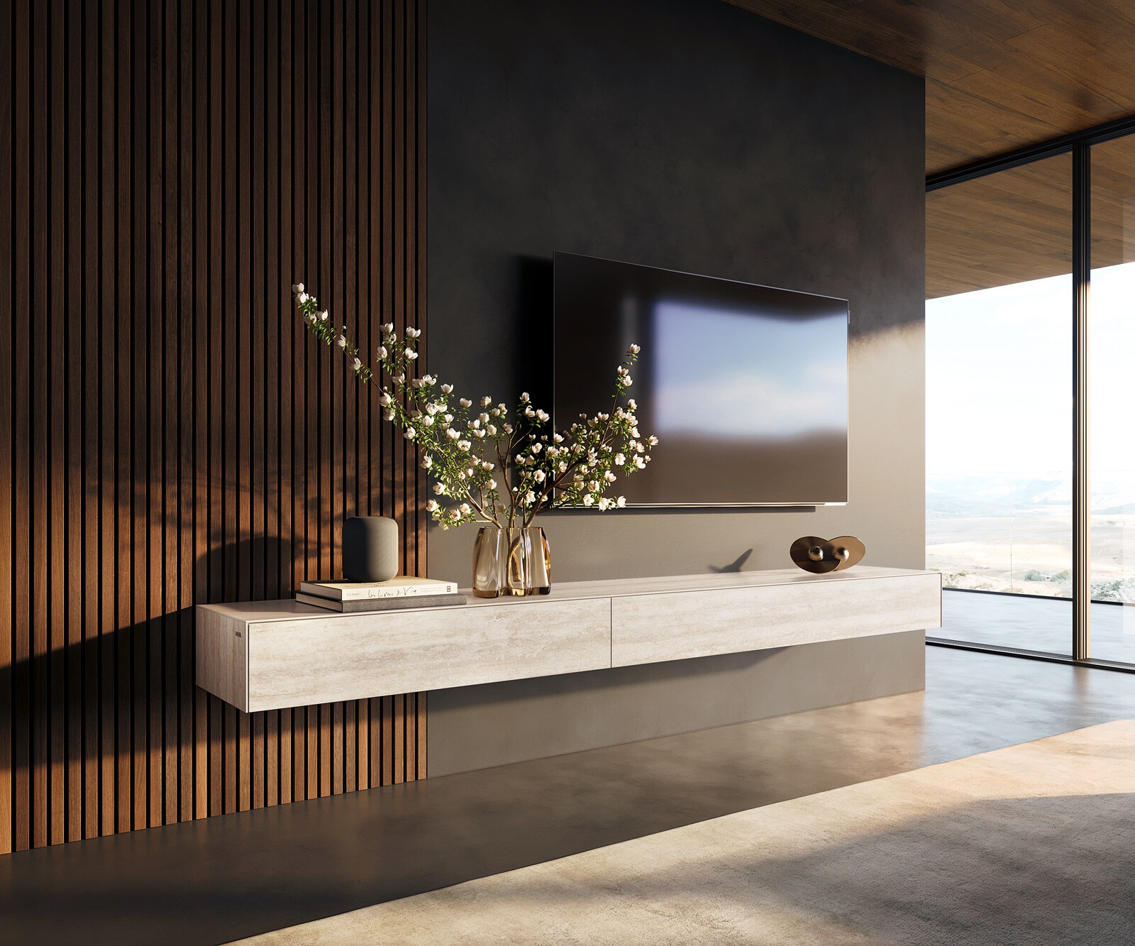 Lowboard Cuor 250 cm Keramik Laminam® Travertino Bianco Creme-Weiß 1 Klappe 1 Schubfach Schwebend