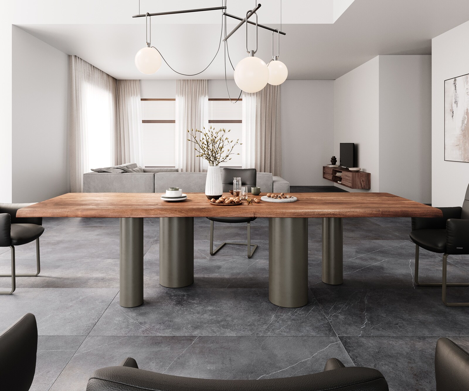 Esstisch Edge 300x100 XL Akazie Braun Pilier Metall Effektfinish Titan Live-Edge 1