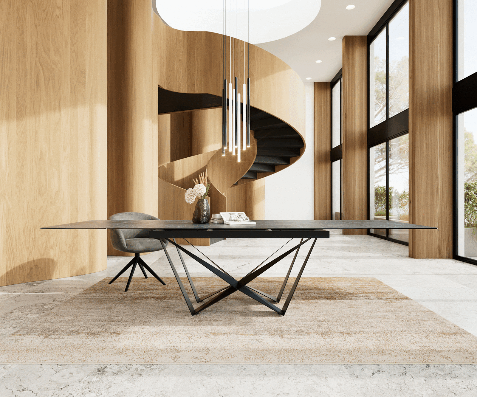 Esstisch Edge 200-300x100 Keramik Laminam®Nero Greco Anthrazit Spider Flachstahl Schwarz ausziehbar 1 Esstisch Edge 200-300x100 Keramik Laminam®Nero Greco Anthrazit Spider Flachstahl Schwarz ausziehbar 1