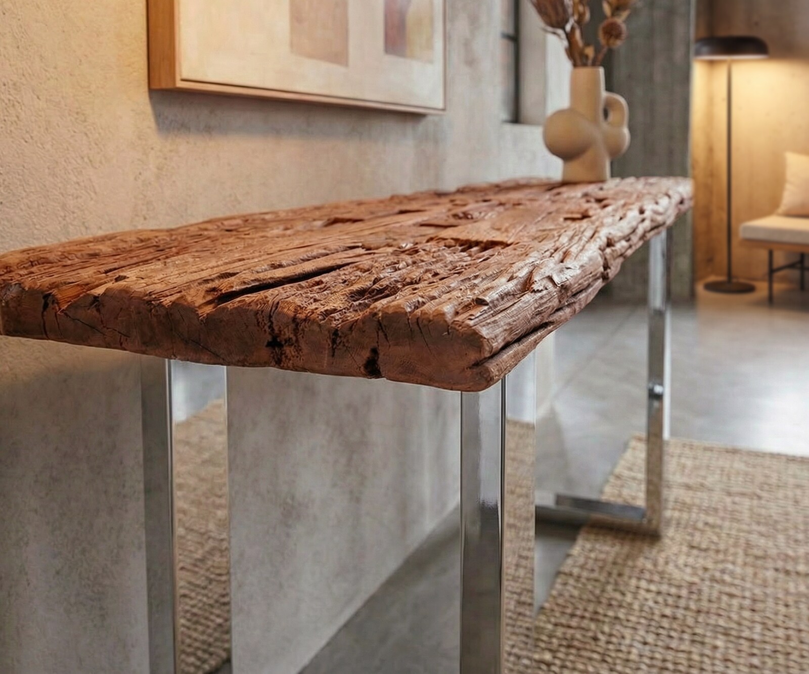 Konsole Gravio 140x40 Altholz Braun Gestell Edelstahl poliert 3