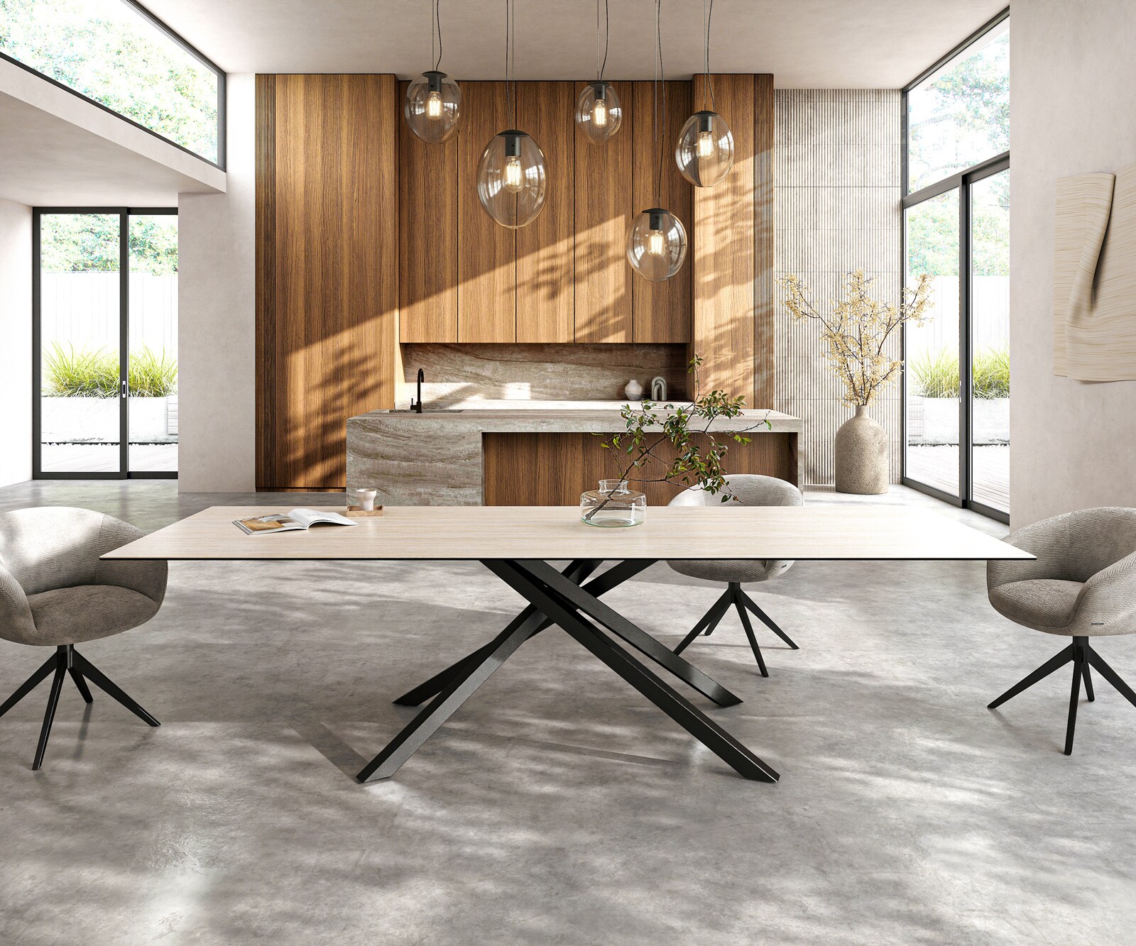 Esstisch Edge 300x100 cm Keramik Laminam®Travertino Bianco Creme-Weiß Kreuzgestell Rechteck Schwarz 1