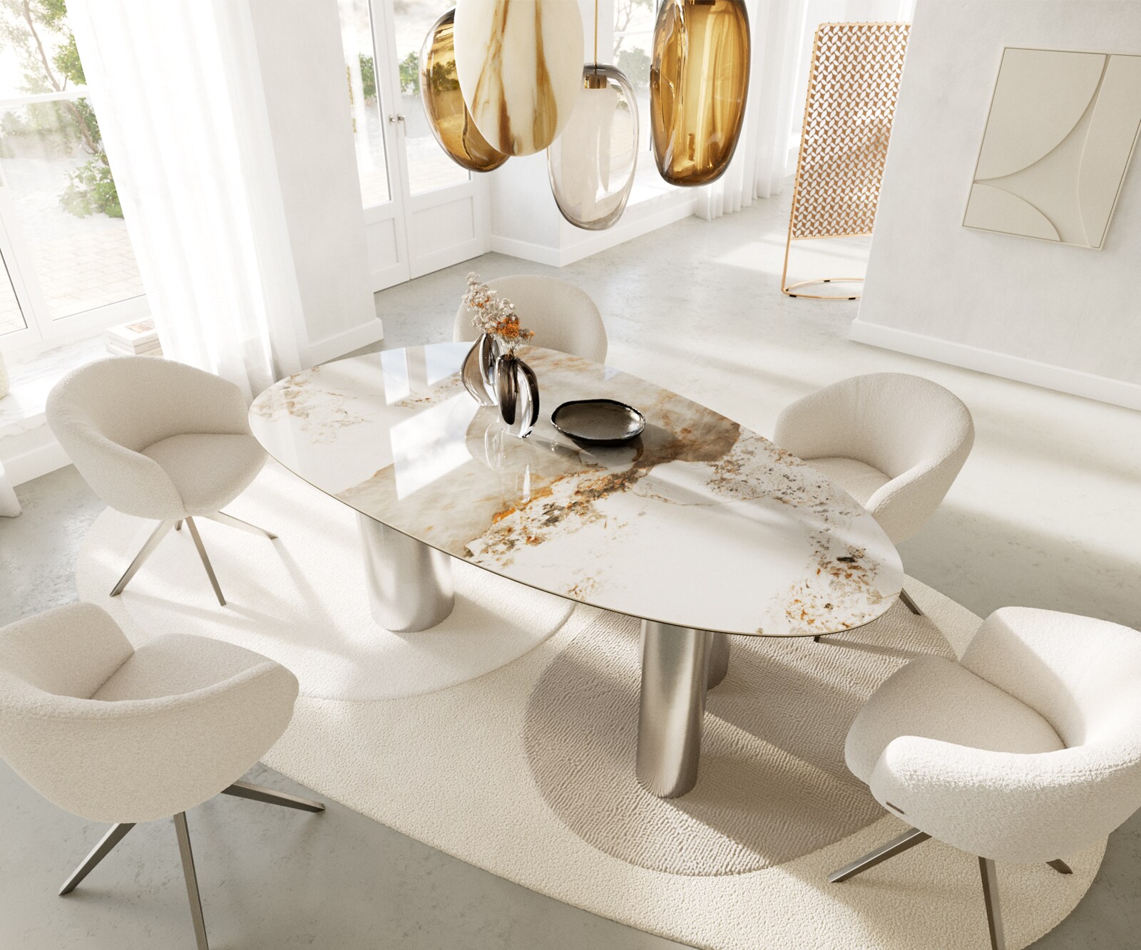 Esstisch Edge Oval 220x120 Keramik Minas Melange Weiß-Beige Pilier Edelstahl