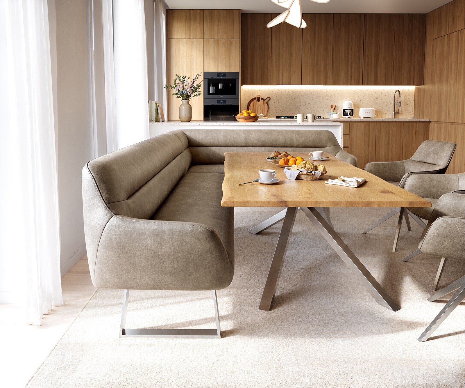 Esszimmerbank Taya-Flex 285x190 cm Mikrofaser Beige Vintage Kufengestell kantig Edelstahl Taschenfederkern Links 2