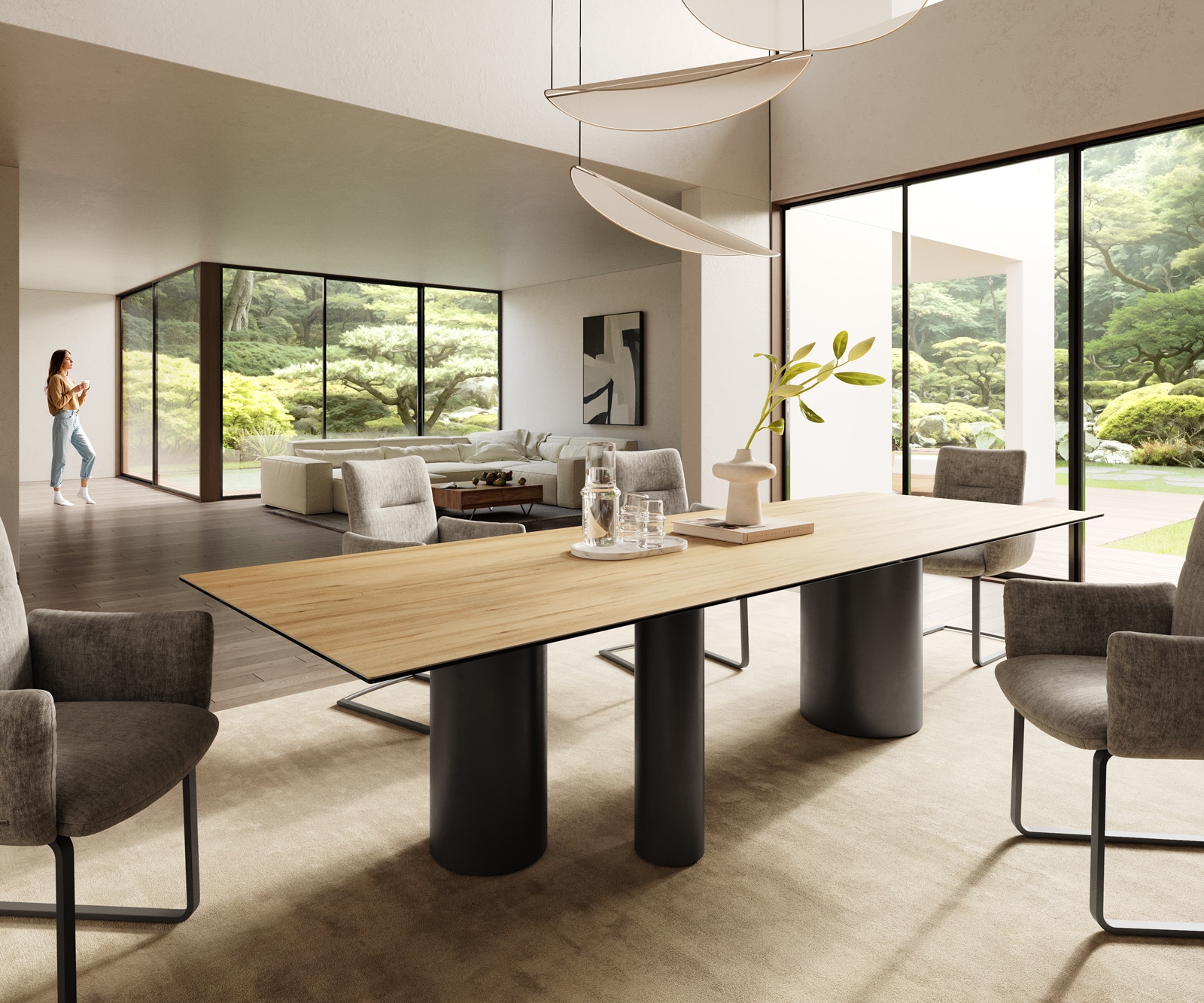 Esstisch Edge 300x100 Keramik Laminam® Sabbia Eichefarbig Troa Metall Effektfinish Titan
