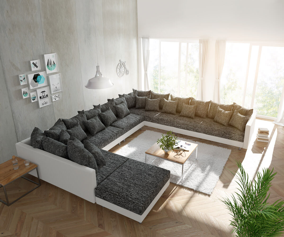 Wohnlandschaft Clovis XXL Weiss Schwarz mit Hocker Ottomane Rechts Wohnlandschaft Clovis XXL Weiss Schwarz mit Hocker Ottomane Rechts