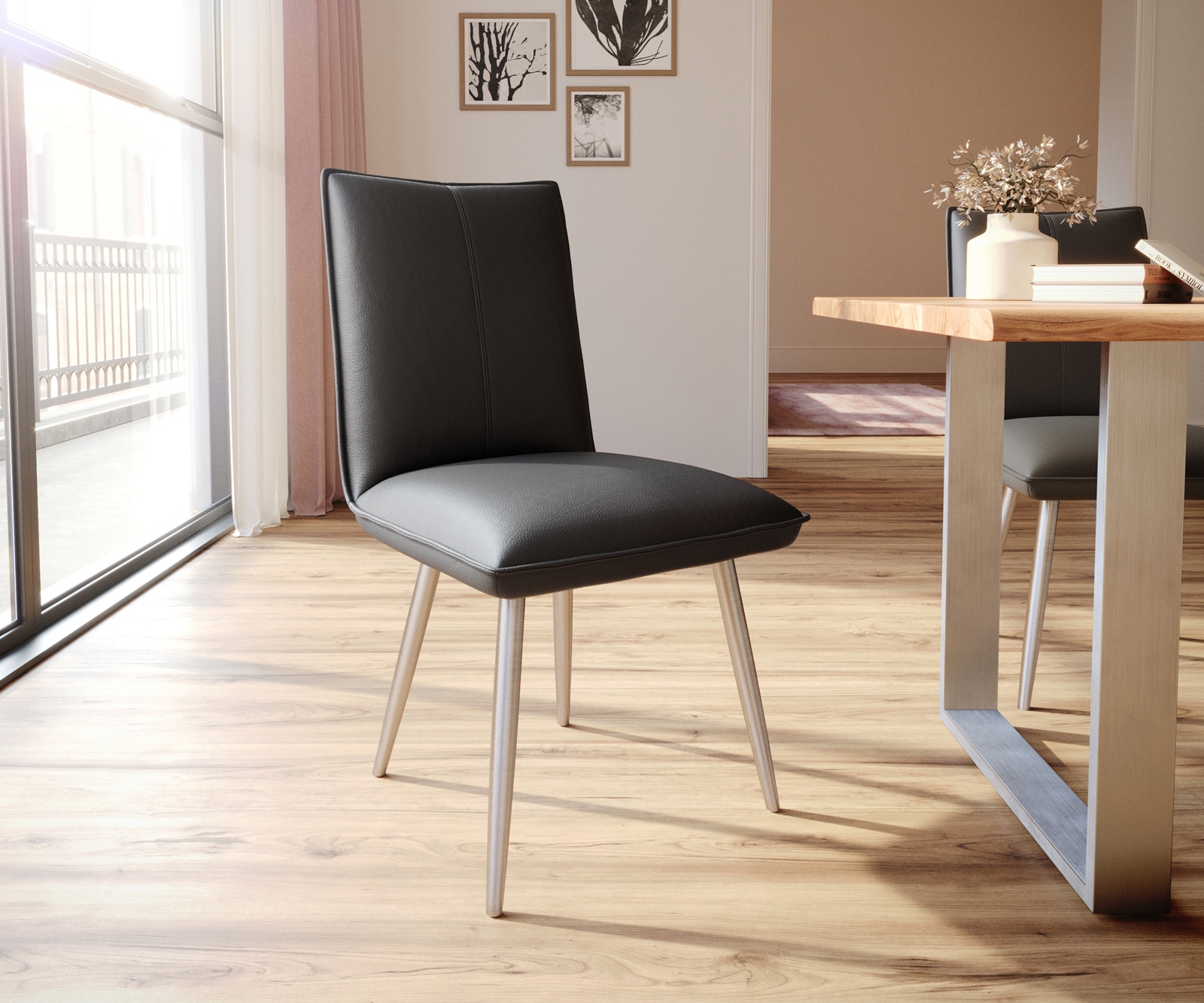 Esszimmerstuhl Lelio-Flex Echt-Leder Schwarz 4-Fuß konisch Edelstahl Taschenfederkern Esszimmerstuhl Lelio-Flex Echt-Leder Schwarz 4-Fuß konisch Edelstahl Taschenfederkern