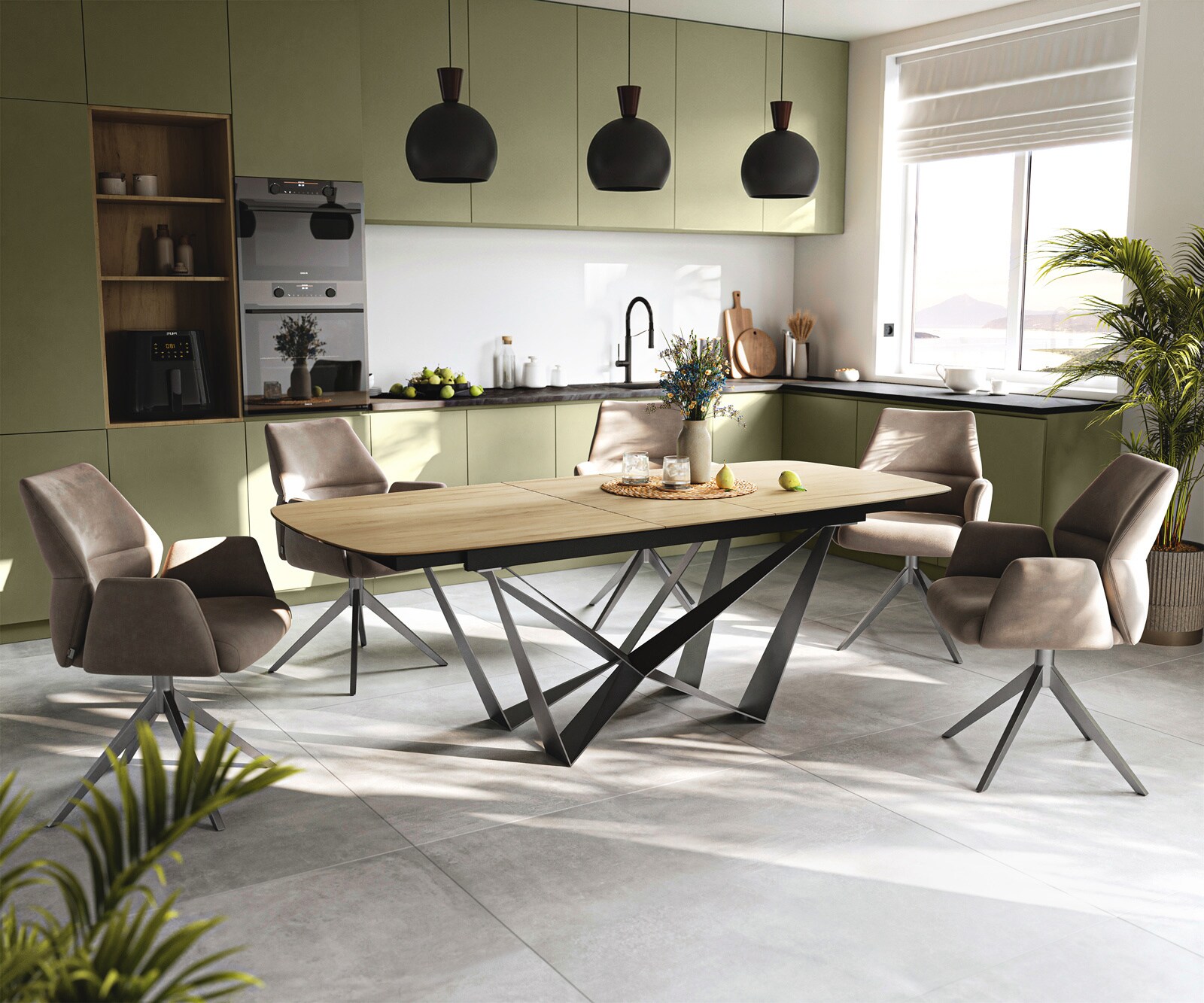 Esstisch Edge Boot 180-220x100 cm Keramik Laminam® Sabbia Eichefarbig Spider Flachstahl Edelstahl Graphit ausziehbar 5