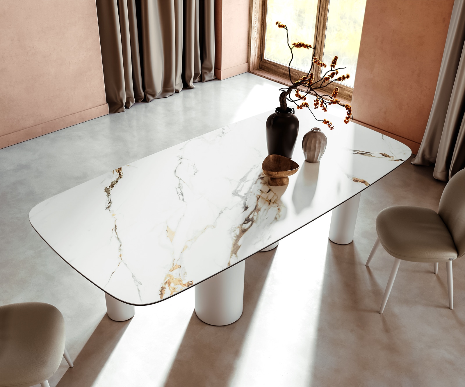 Esstisch Edge Boot 240x120 Keramik Calacatta Luxe Weiß-Gold-Grau Pilier Metall Weiß 3 Esstisch Edge Boot 240x120 Keramik Calacatta Luxe Weiß-Gold-Grau Pilier Metall Weiß 3