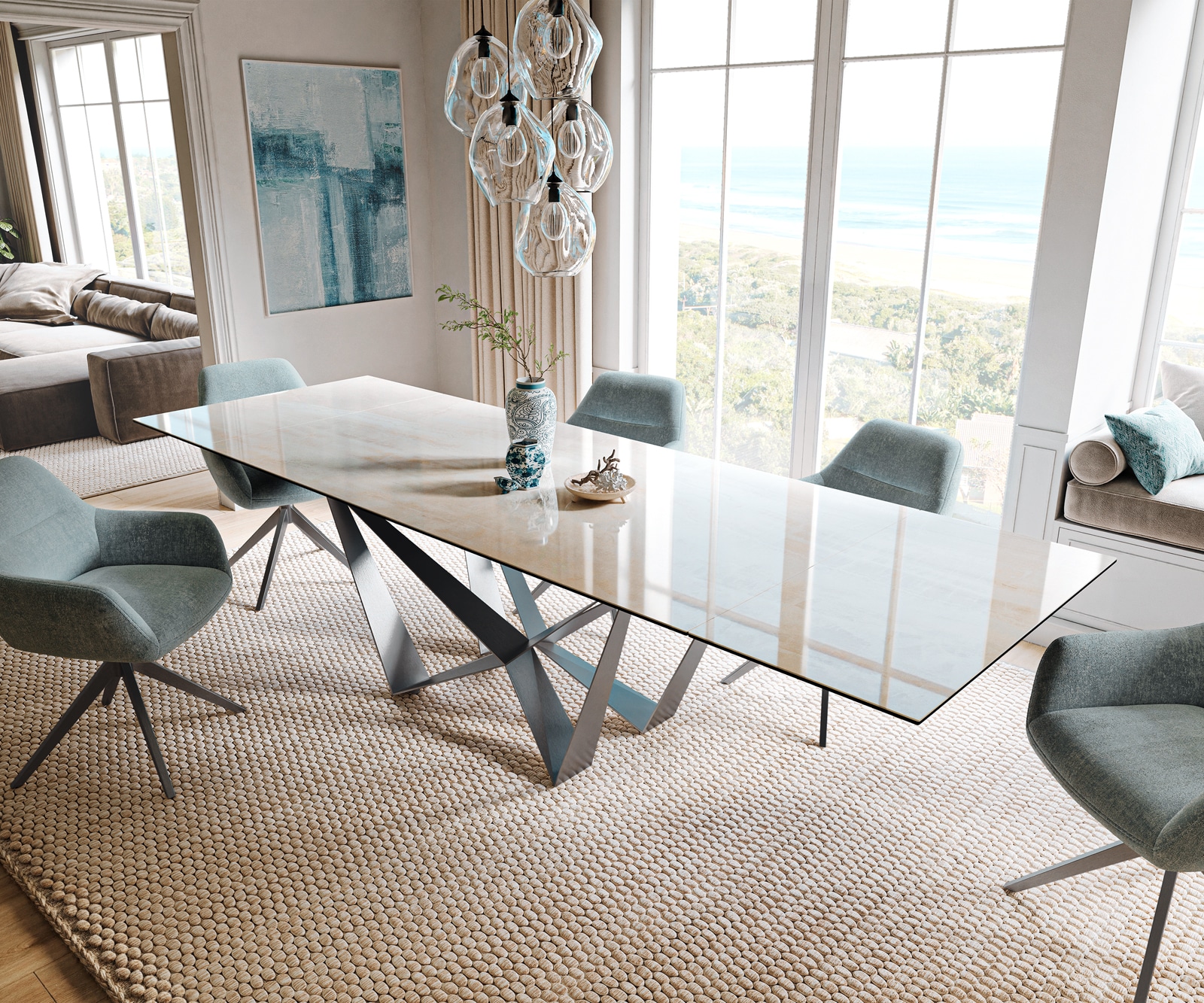 Esstisch Edge 200-300x100 cm Keramik Onyx Champagne Spider Flachstahl Edelstahl Graphit ausziehbar