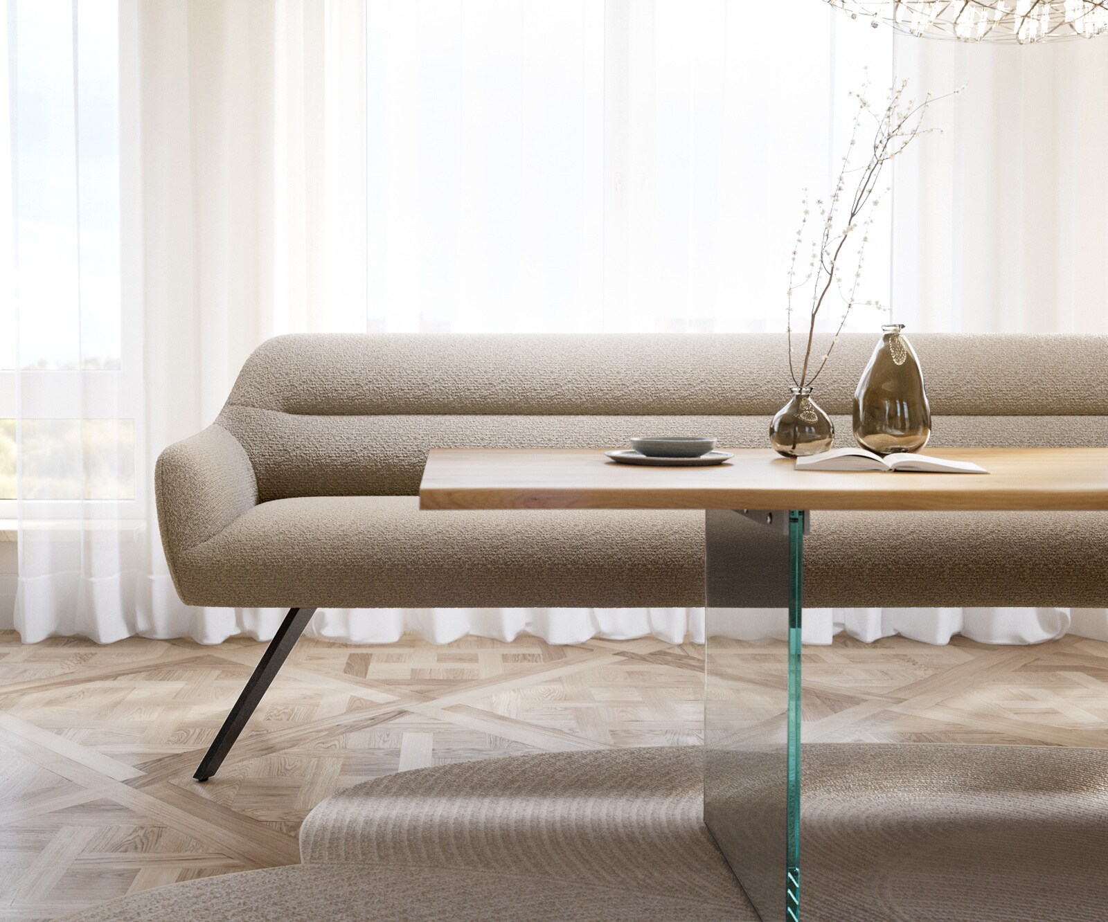 Esszimmerbank Taya-Flex 300 cm Bouclé Schlamm Kreuzgestell kantig Graphit Taschenfederkern 2