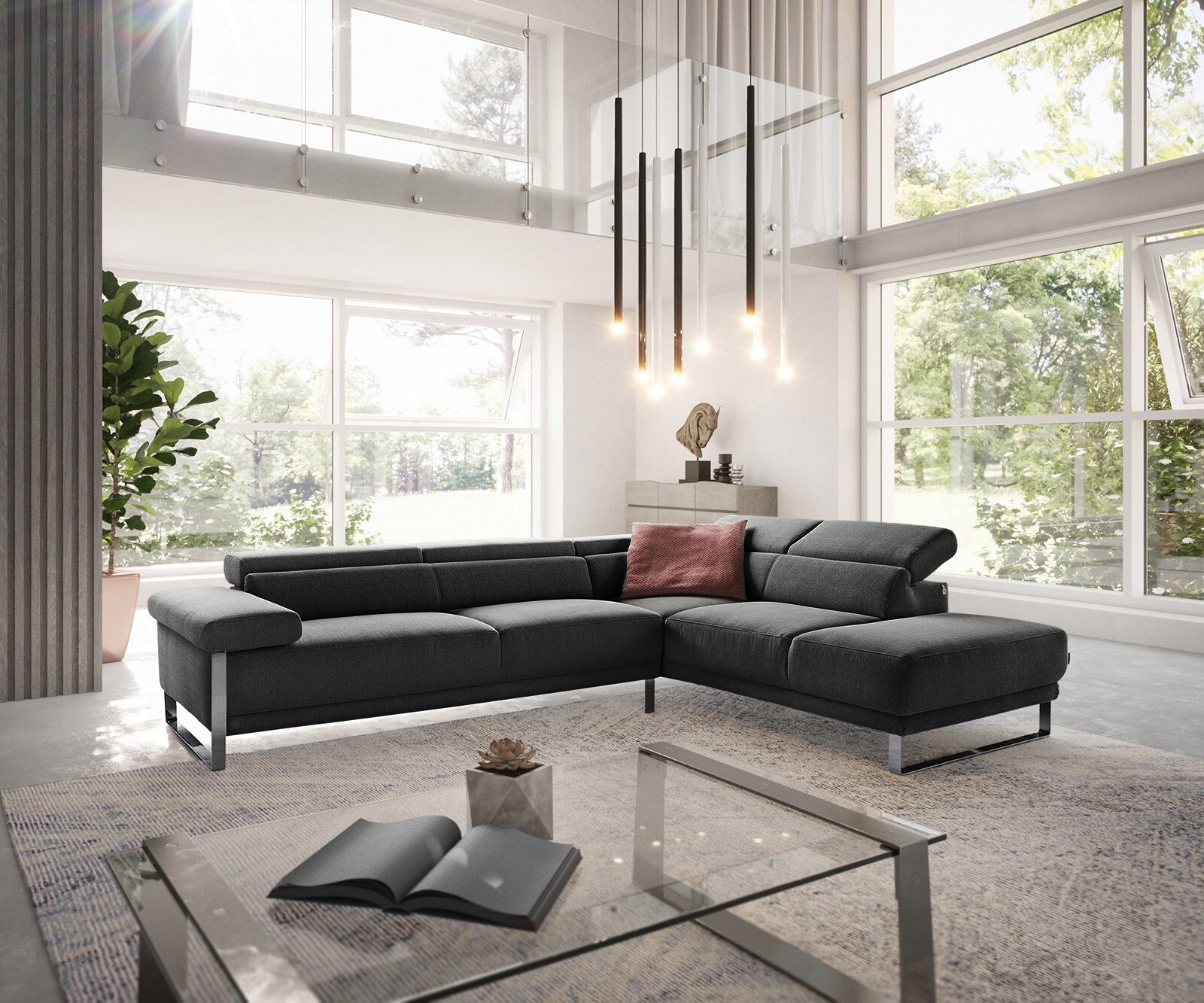 Ecksofa Floyd 300x230 Schwarz Ottomane rechts Kopfteilverstellung by W. Schillig 1