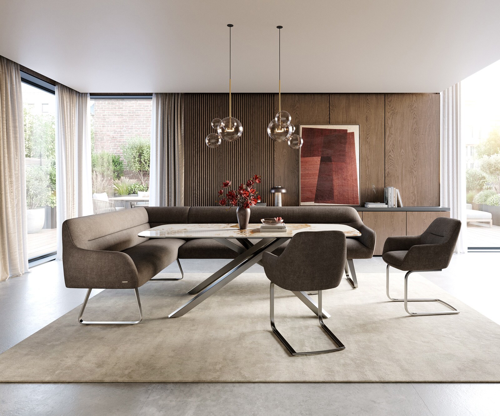 Esszimmerbank Taya-Flex 285x190 cm Strukturstoff Soft Taupe Kufengestell flach Edelstahl Taschenfederkern Rechts 1