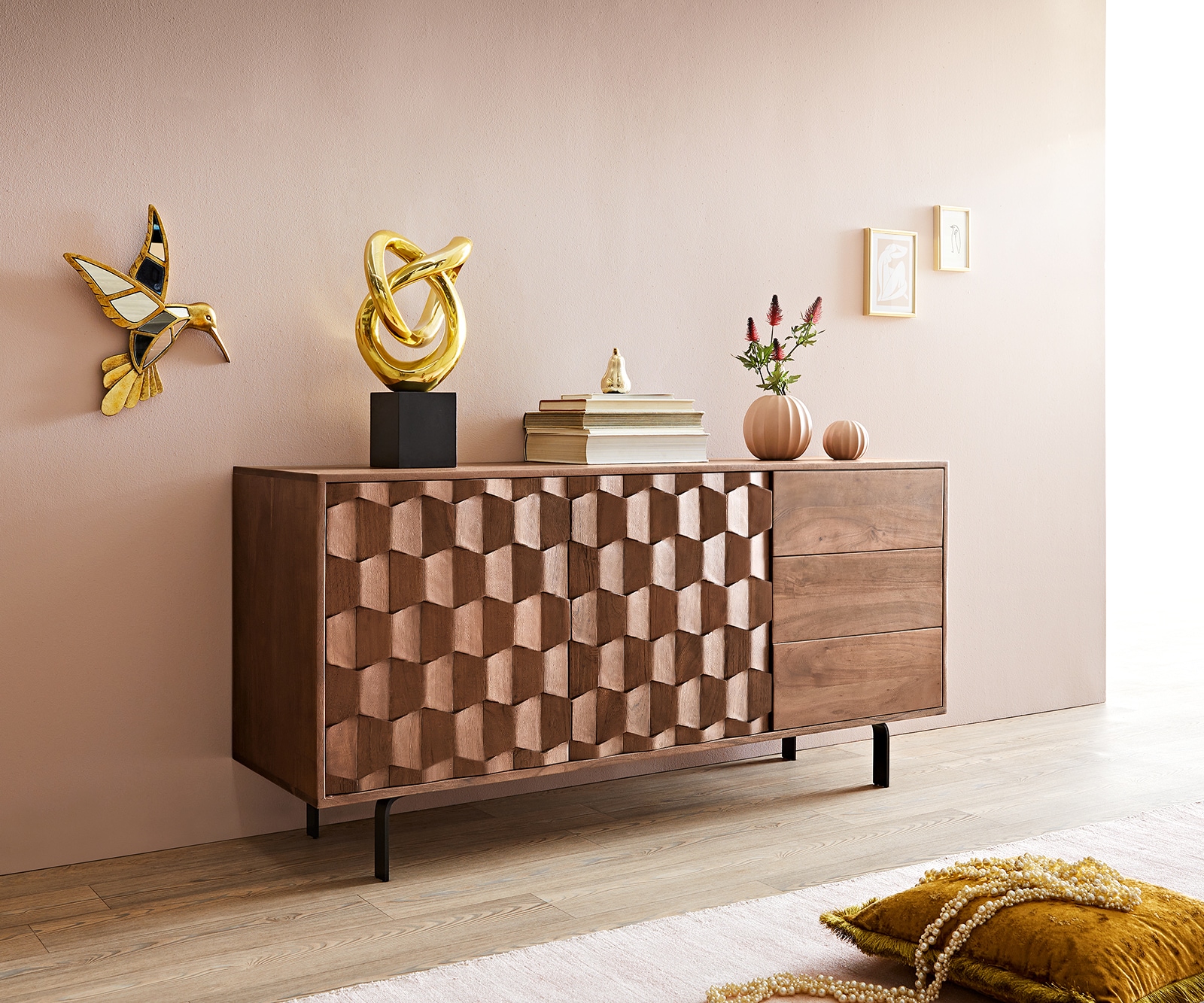 Sideboard Fevo 145 cm Akazie Braun 2 Türen 3 Schubfächer L-Fuß Sideboard Fevo 145 cm Akazie Braun 2 Türen 3 Schubfächer L-Fuß