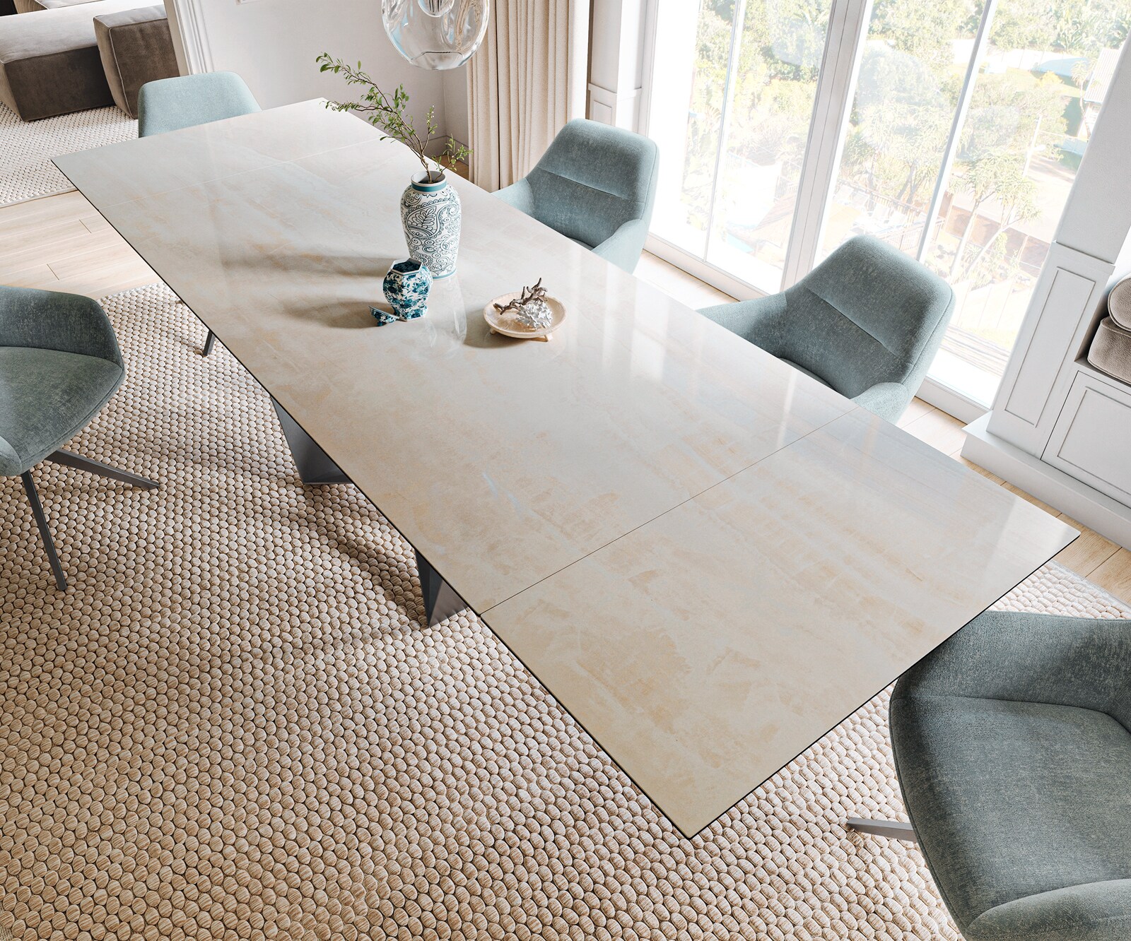 Esstisch Edge 200-300x100 cm Keramik Onyx Champagne Spider Flachstahl Edelstahl Graphit ausziehbar 4