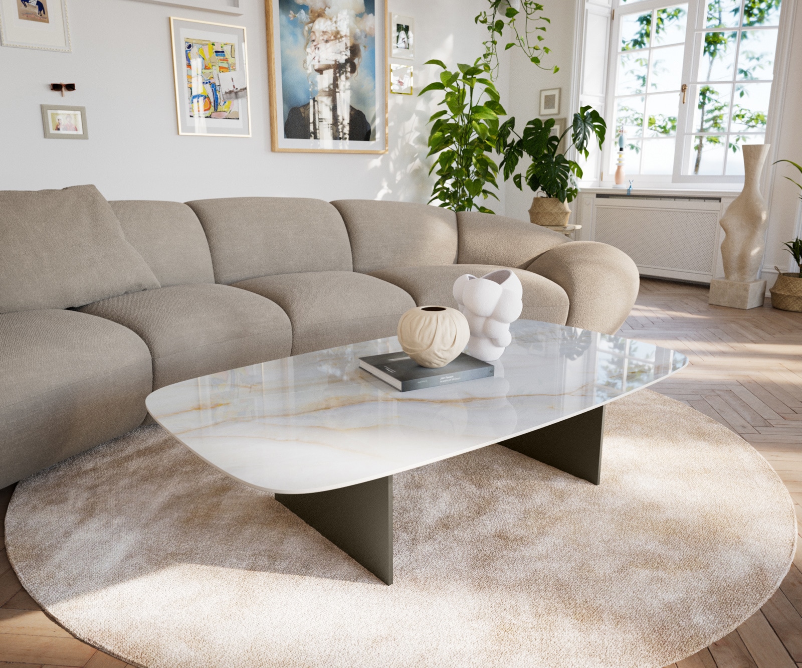 Couchtisch Edge Boot 140x80 cm Keramik Onyx Pearl Salto Metall Effektfinish Titan