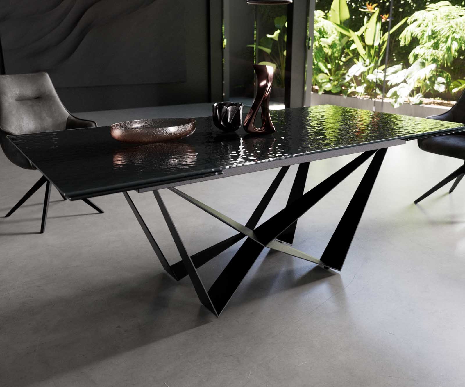Esstisch Edge 200-300x100 Reliefglas Rauchschwarz 3D-Design Spider Flachstahl Schwarz ausziehbar 5 Esstisch Edge 200-300x100 Reliefglas Rauchschwarz 3D-Design Spider Flachstahl Schwarz ausziehbar 5