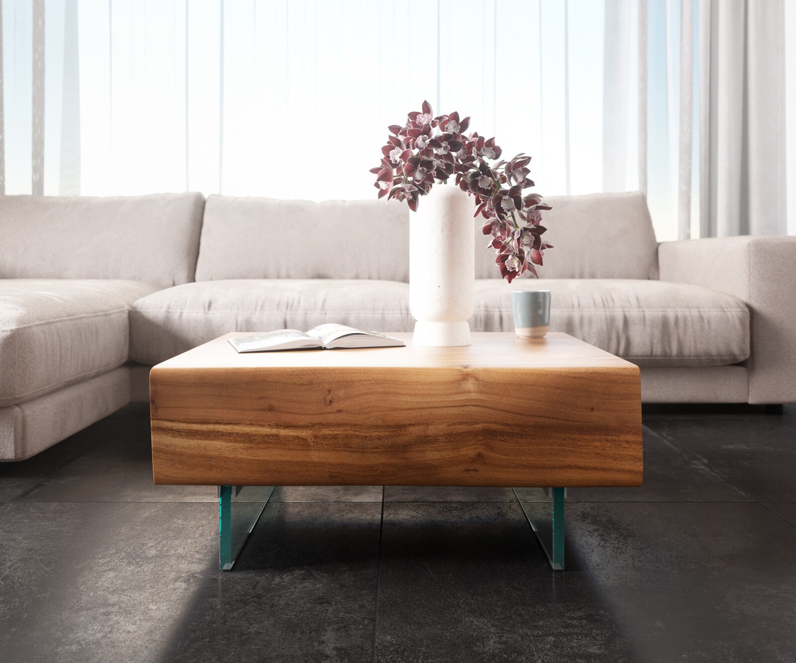 Couchtisch New Live-Edge 80x60 cm Akazie Natur 2 Schubladen Glasfuß schwebend 1