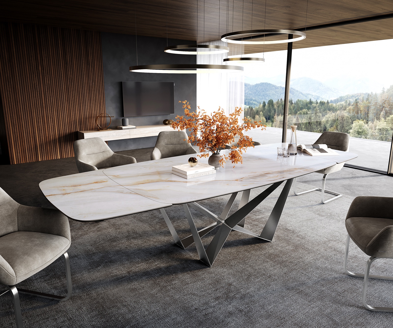 Esstisch Edge Boot 200-300x120 cm Keramik Onyx Pearl Spider Flachstahl Edelstahl ausziehbar