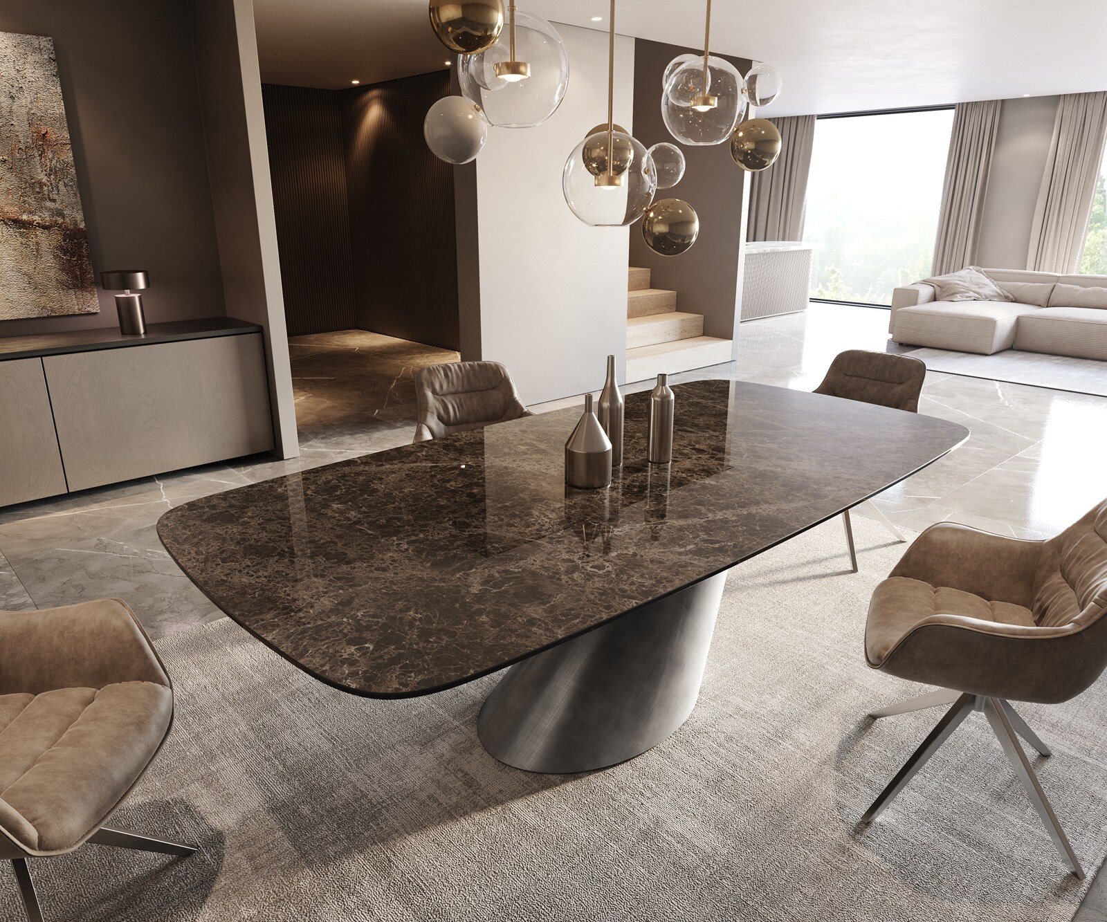 Esstisch Edge Boot 240x120 Keramik Laminam® Emperador Extra Lucidato Dunkelbraun Cono Metallic Silber