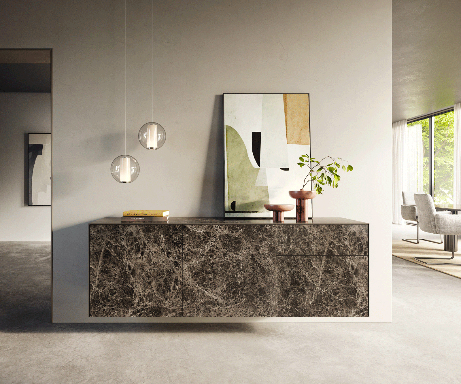 Sideboard Cuor 180 cm Keramik Laminam® Emperador Extra Lucidato Dunkelbraun 2 Türen 3 Schubfächer Schwebend 2