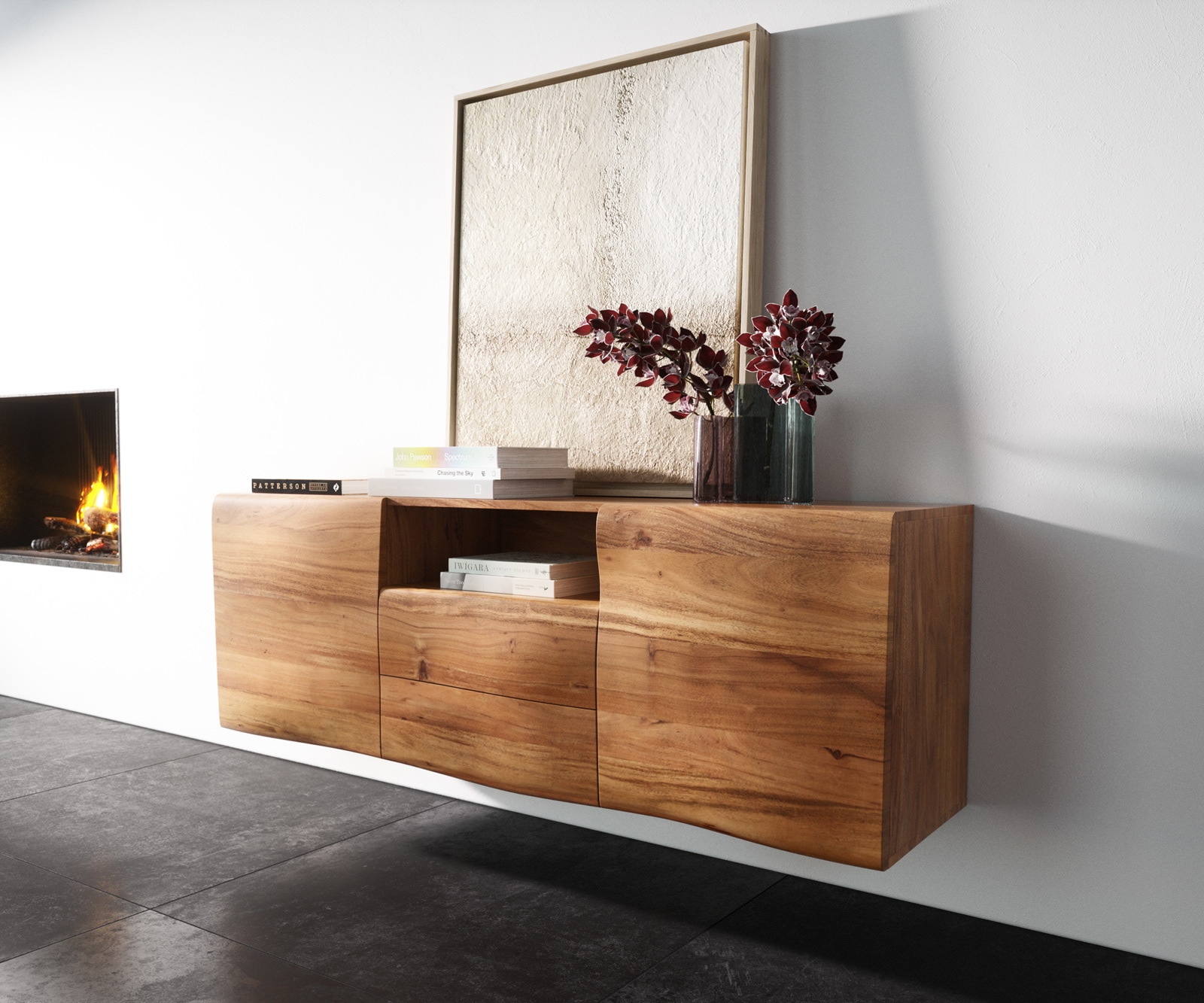 Sideboard New Live-Edge 145 cm Akazie Natur 2 Türen 2 Schubladen 1 Fach schwebend Sideboard New Live-Edge 145 cm Akazie Natur 2 Türen 2 Schubladen 1 Fach schwebend