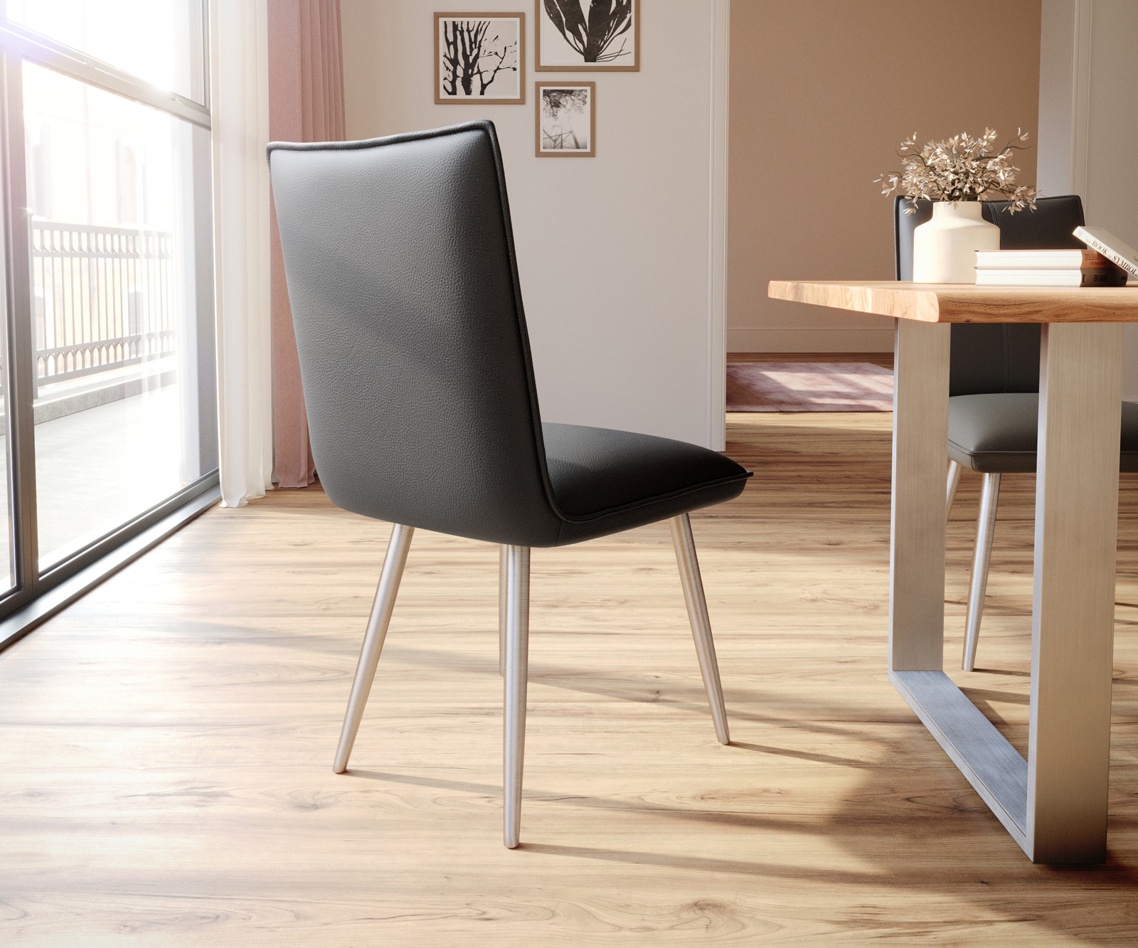 Esszimmerstuhl Lelio-Flex Echt-Leder Schwarz 4-Fuß konisch Edelstahl Taschenfederkern 4 Esszimmerstuhl Lelio-Flex Echt-Leder Schwarz 4-Fuß konisch Edelstahl Taschenfederkern 4