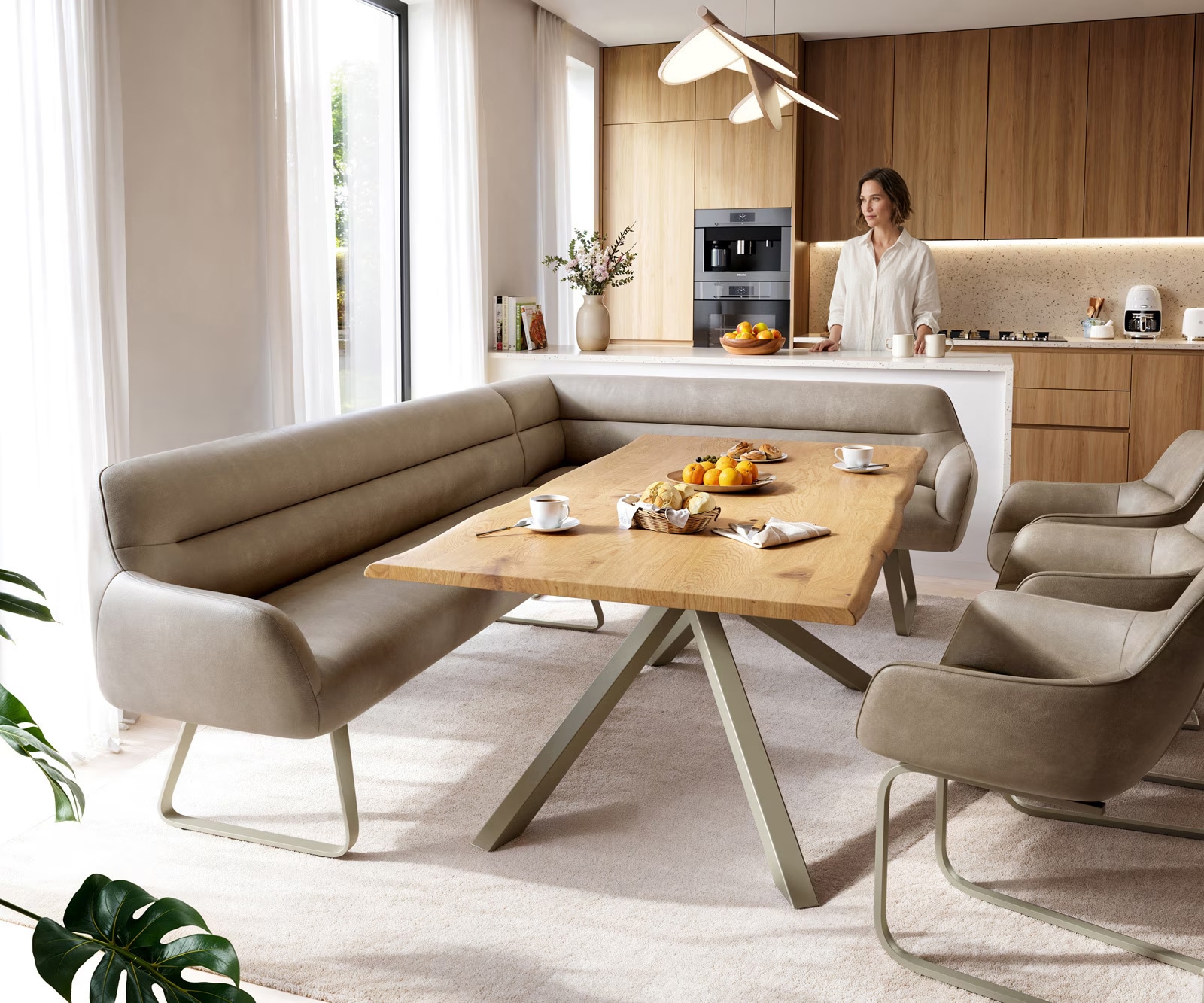 Esszimmerbank Taya-Flex 285x190 cm Mikrofaser Beige Vintage Kufengestell flach Effektfinish Titan Taschenfederkern Rechts 1