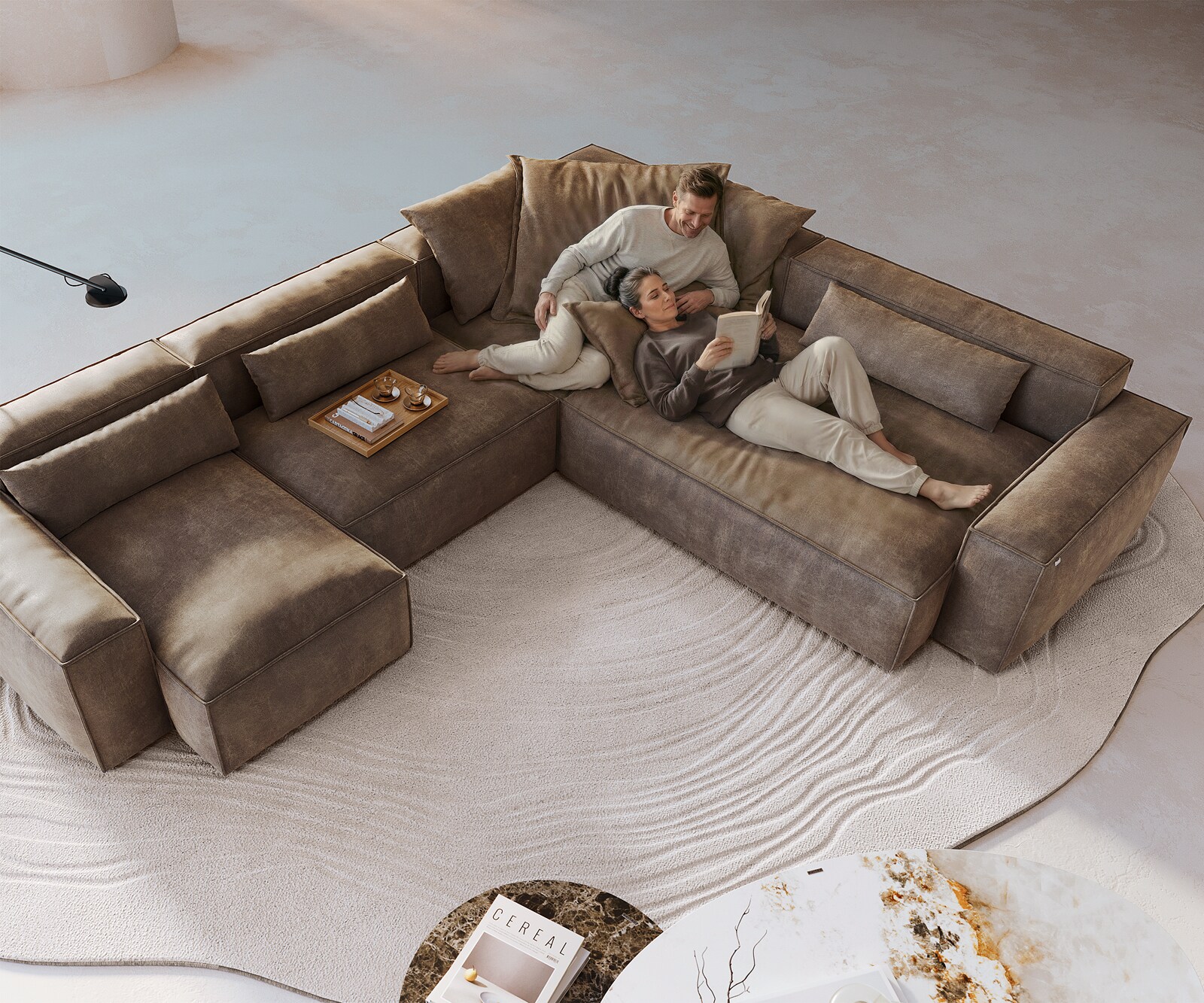 Wohnlandschaft Freestyle 360x290 cm Mikrofaser Taupe Vintage Kedernaht 3