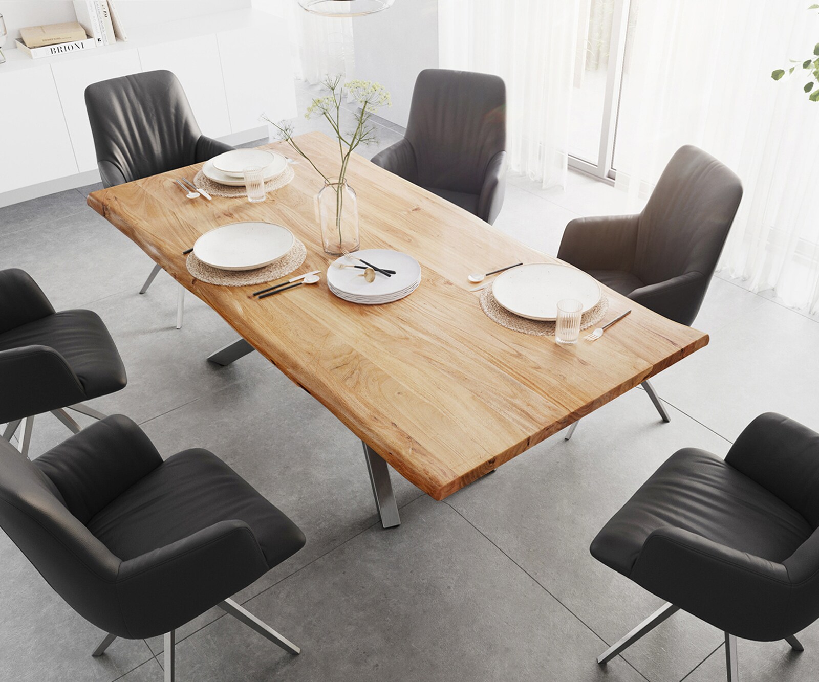 Esstisch Edge 200x100 Akazie Natur Kreuzgestell Rechteck Edelstahl Live-Edge 4