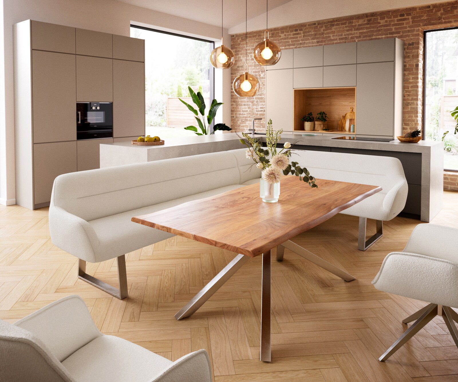 Esszimmerbank Taya-Flex 285x190 cm Bouclé Creme-Weiß Kufengestell kantig Edelstahl Taschenfederkern Links