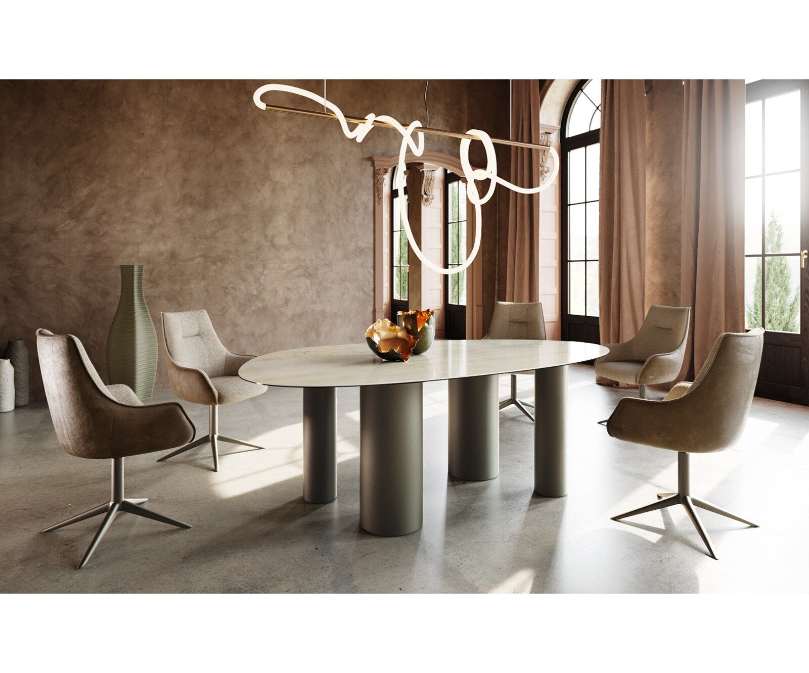 Esstisch Edge Oval 220x120 Keramik Iris FMG Onice Oro Pilier Metall Effektfinish Titan 4