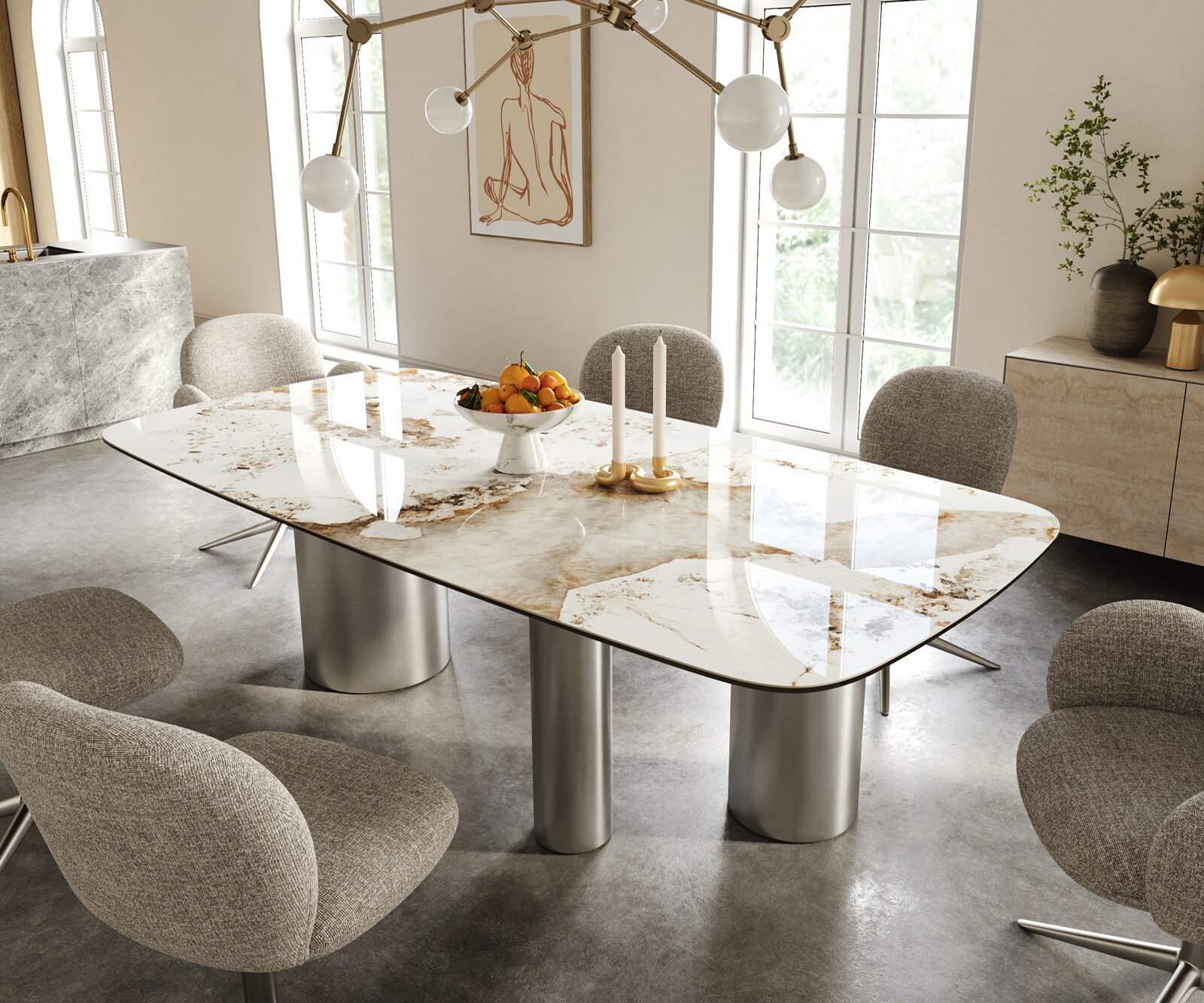 Esstisch Edge Boot 240x120 cm Keramik Minas Melange Weiß-Beige Troa Edelstahl gebürstet 1